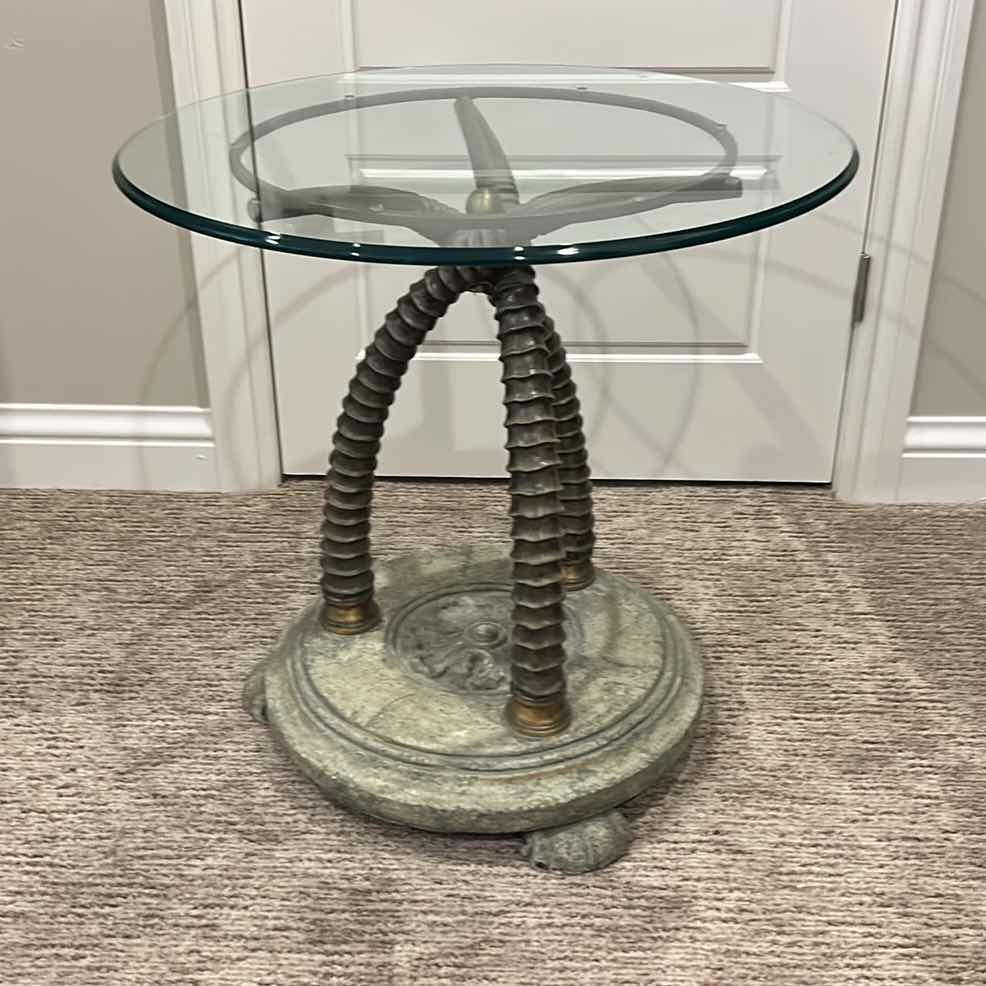Photo 1 of THOMASVILLE HEMINGWAY COLLECTION UNIQUE HEAVY MIXED MEDIA ACCENT TABLE (CERAMIC, METAL, GLASS TOP) 25.5” x 25.5”