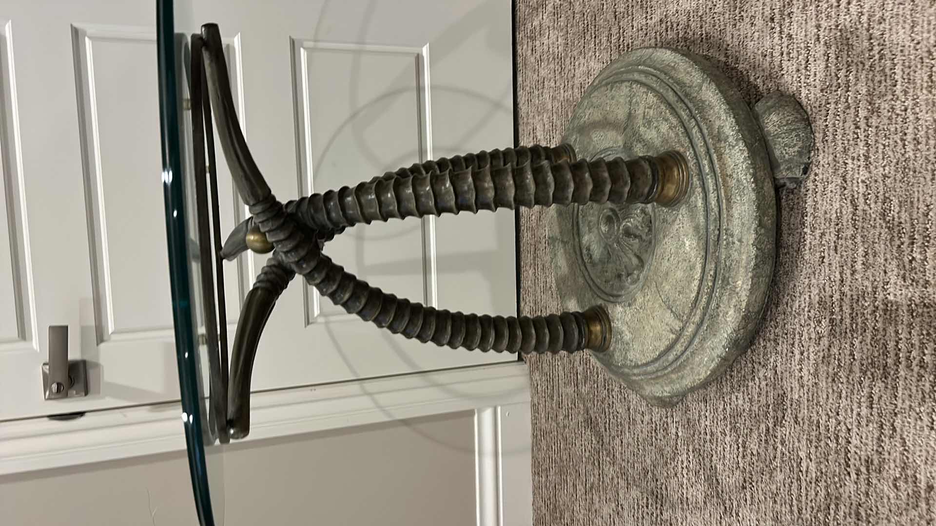 Photo 1 of THOMASVILLE HEMINGWAY COLLECTION UNIQUE HEAVY MIXED MEDIA ACCENT TABLE (CERAMIC, METAL, GLASS TOP) 25.5” x 25.5”