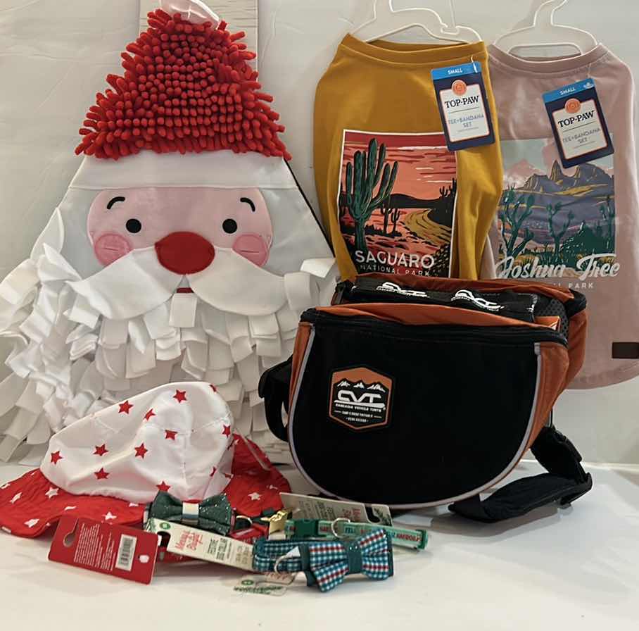 Photo 1 of NEW SMALL DOG ASSORTMENT, 1 BACKPACK/SADDLE BAG, 2 TOP PAW TEE SHIRTS, 4 COLLARS, 1 TOP PAW DOG HAT AND A SNUFFLE MAT