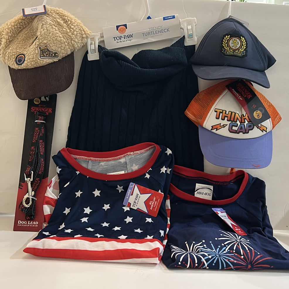 Photo 1 of NEW LARGE DOG ASSORTMENT- 3 HATS, 2 TEES AND 1 TURTLENECK SWEATER, 1 DOG LEAD