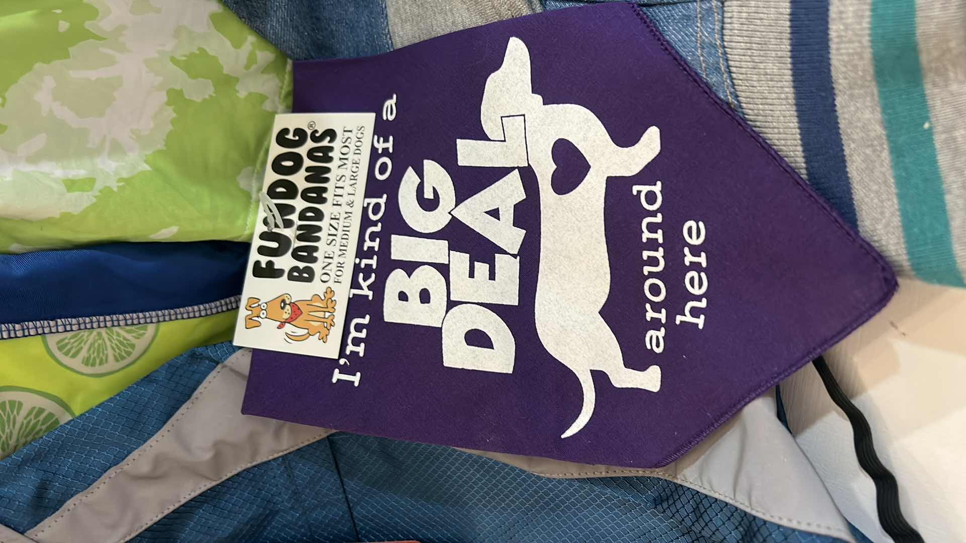 Photo 1 of NEW MEDIUM DOG ASSORTMENT - 2 TEES, 1 REFLECTIVE JACKET, 1 DENIM WITH HOODIE, 1 BANDANA AND 4 COLLARS