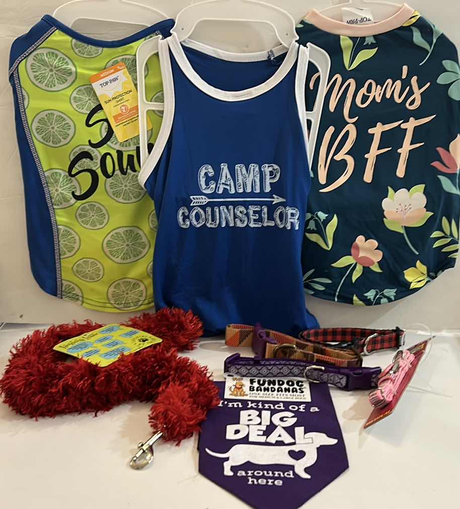 Photo 1 of NEW MEDIUM DOG ASSORTMENT- 3 TEE’s, LEASH, BANDANA AND 4 COLLARS