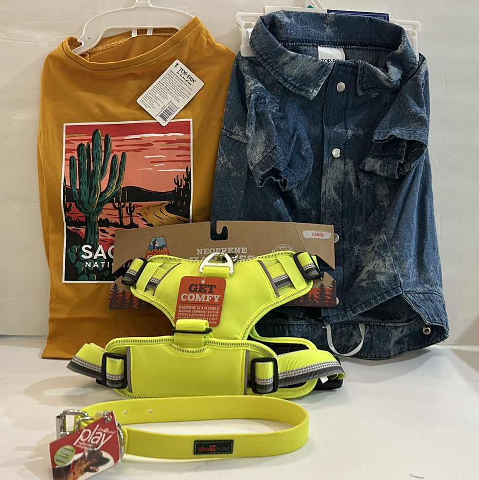 View 1 of NEW LARGE DOG ASSORTMENT, NEOPRENE HARNESS, COLLAR, TEE SHIRT, DENIM SHIRT
