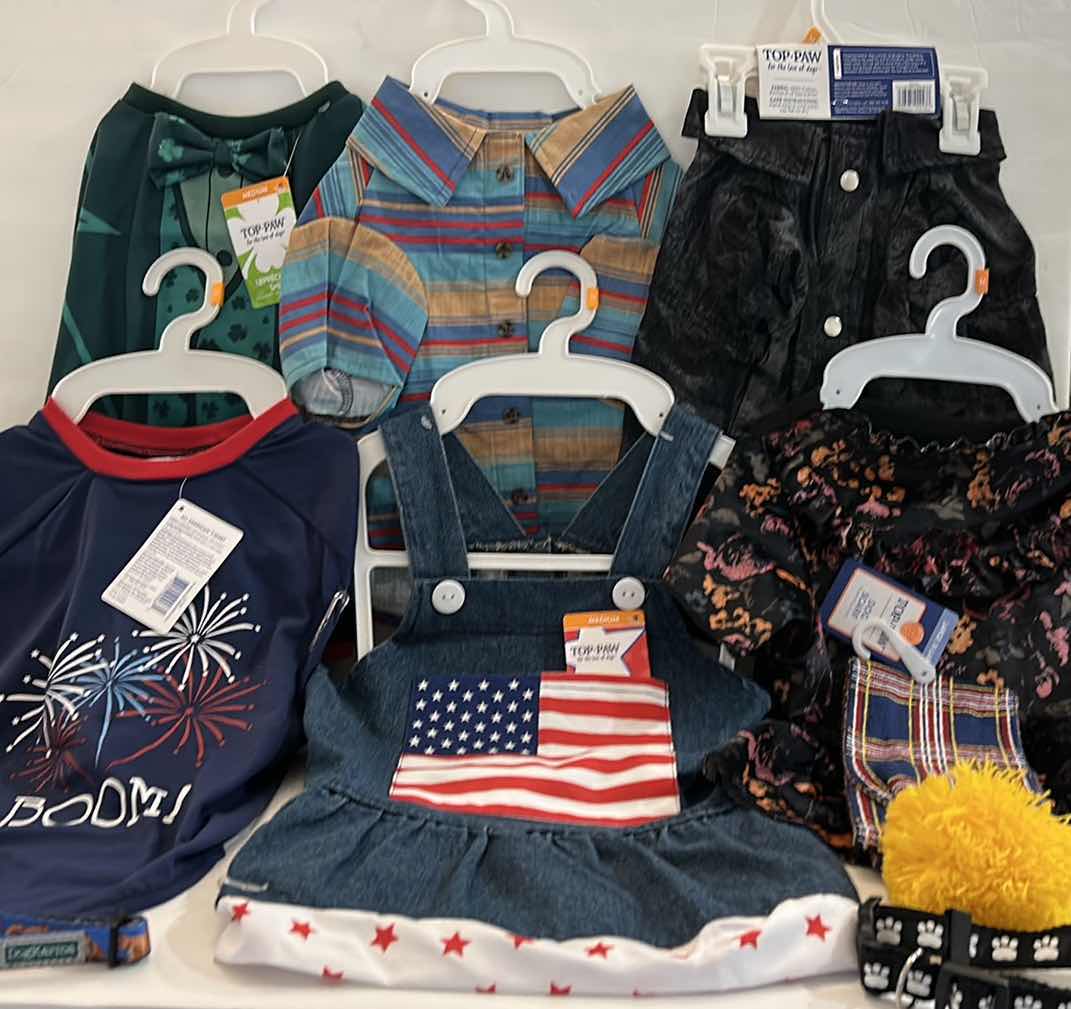 Photo 1 of NEW 9 PC DOG ASSORTMENT- 6 TOP PAW CLOTHING ITEMS, 1 WINTER SCARF, 2 COLLARS