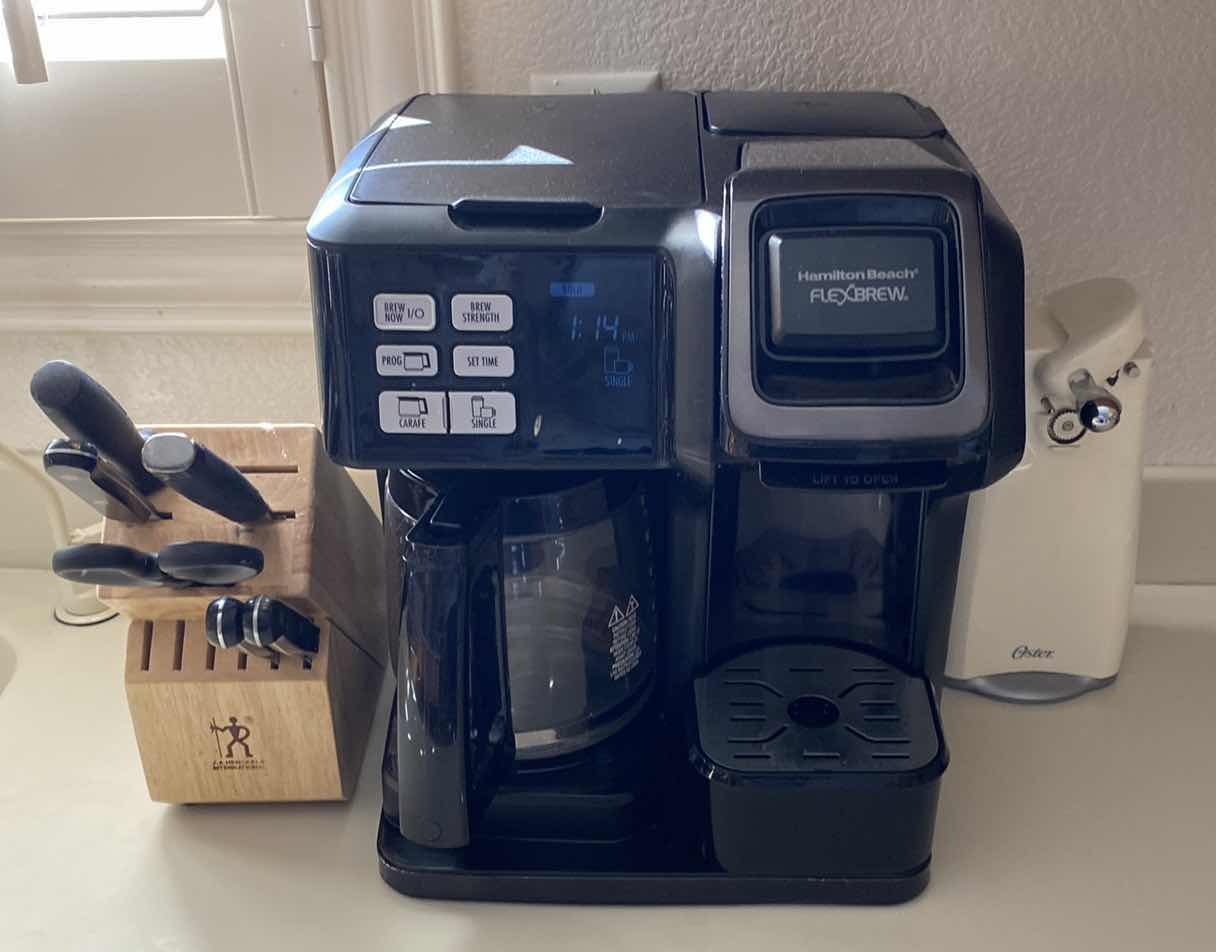Photo 1 of HAMILTON BEACH FLEX BREW, KNIFE BLOCK WITH VARIOUS BRAND KNIVES ABD OSTER CAN OPENER