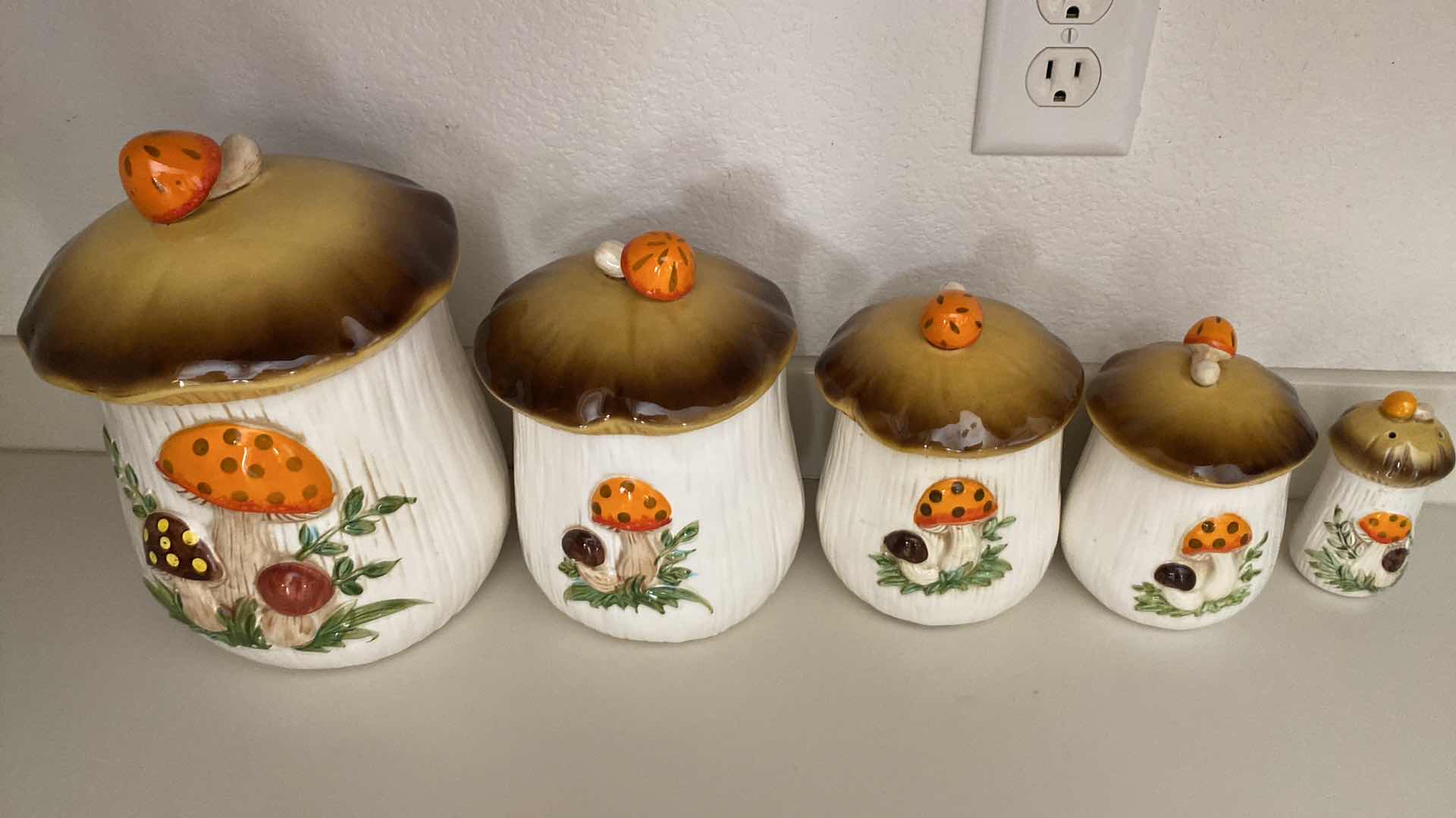 Photo 1 of VINTAGE 1996 CERAMIC MUSHROOM CANISTERS FROM SEARS MADE IN JAPAN