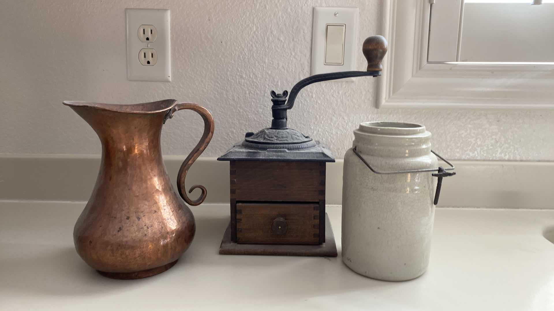 Photo 1 of ANTIQUE COPPER PITCHER, COFFEE GRINDER AND VINTAGE JAR