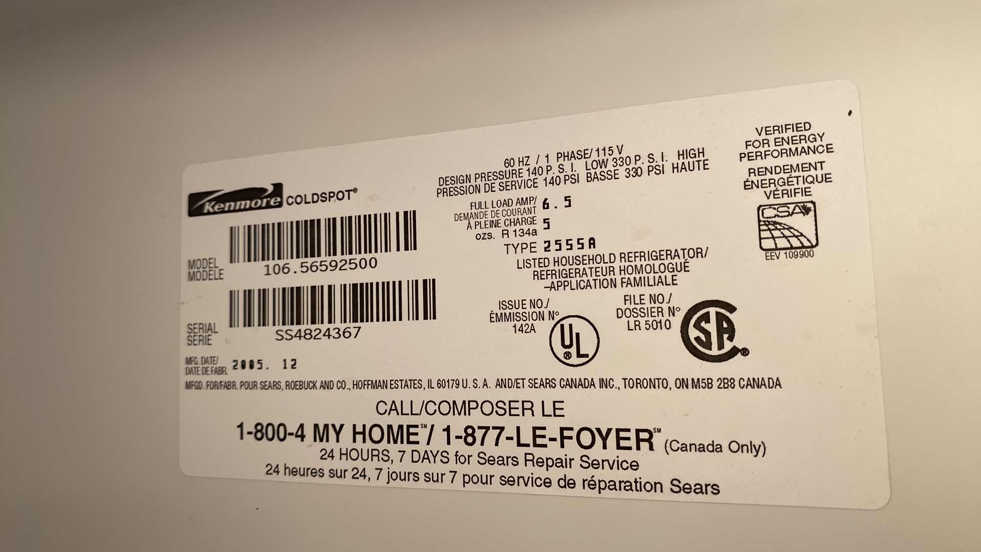 Photo 1 of KENMORE WHITE SIDE BY SIDE REFRIGERATOR WITH ICE MAKER