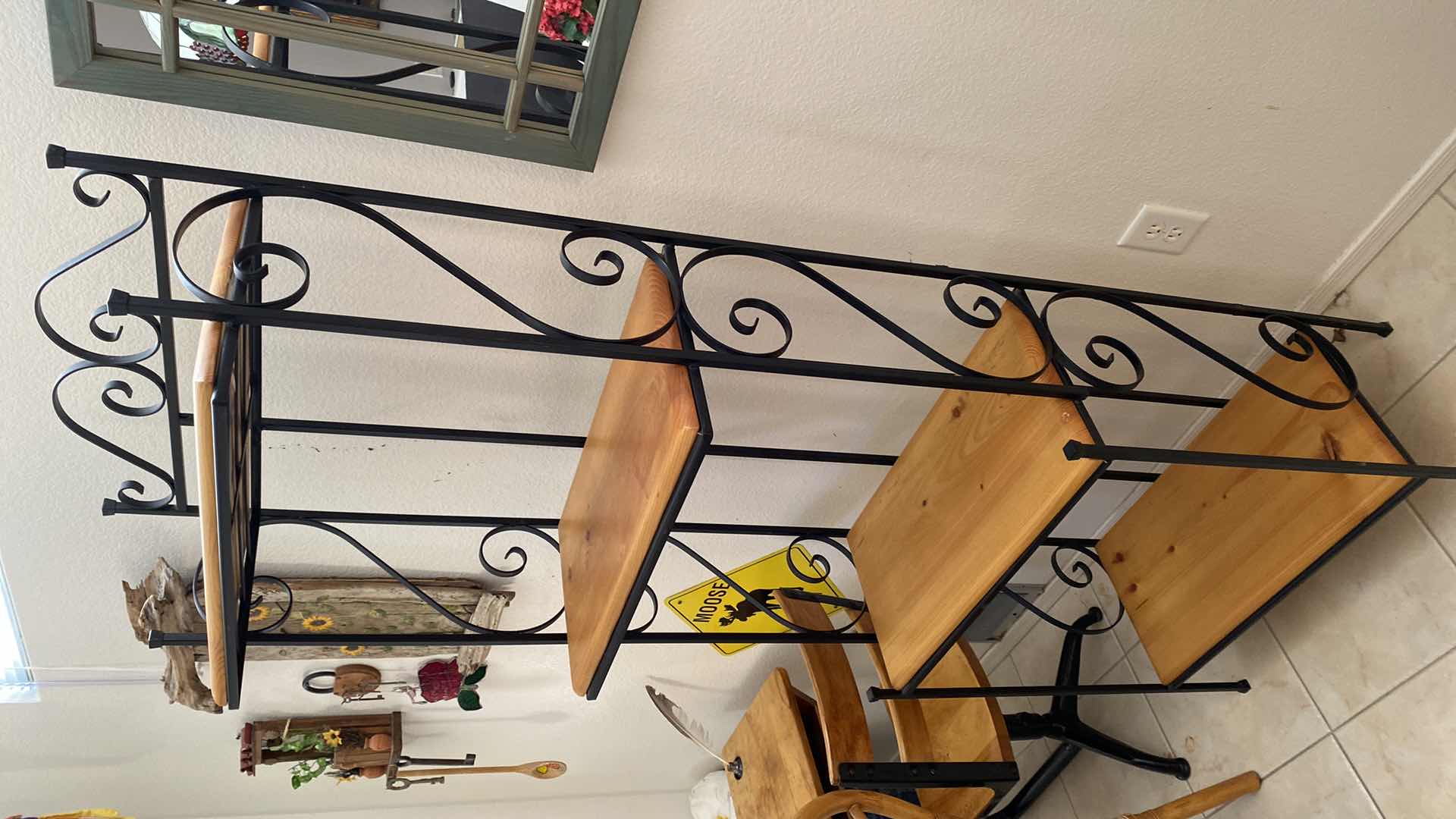 Photo 1 of BAKERS RACK WITH REMOVABLE WOOD SHELVES  24“ x 12 1/2“ H 74 1/2” AND GREEN WOOD MIRROR 18 1/2” x 22 1/2”