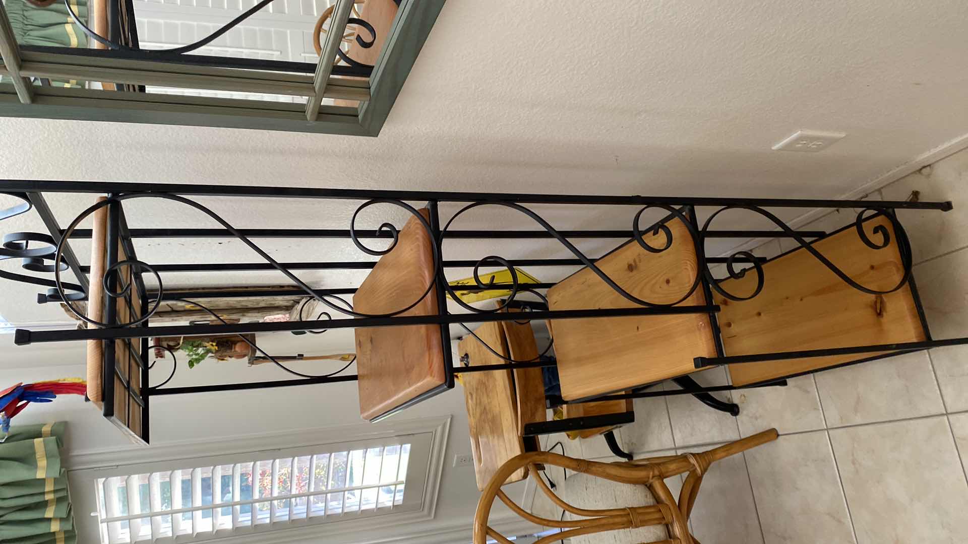 Photo 1 of BAKERS RACK WITH REMOVABLE WOOD SHELVES  24“ x 12 1/2“ H 74 1/2” AND GREEN WOOD MIRROR 18 1/2” x 22 1/2”