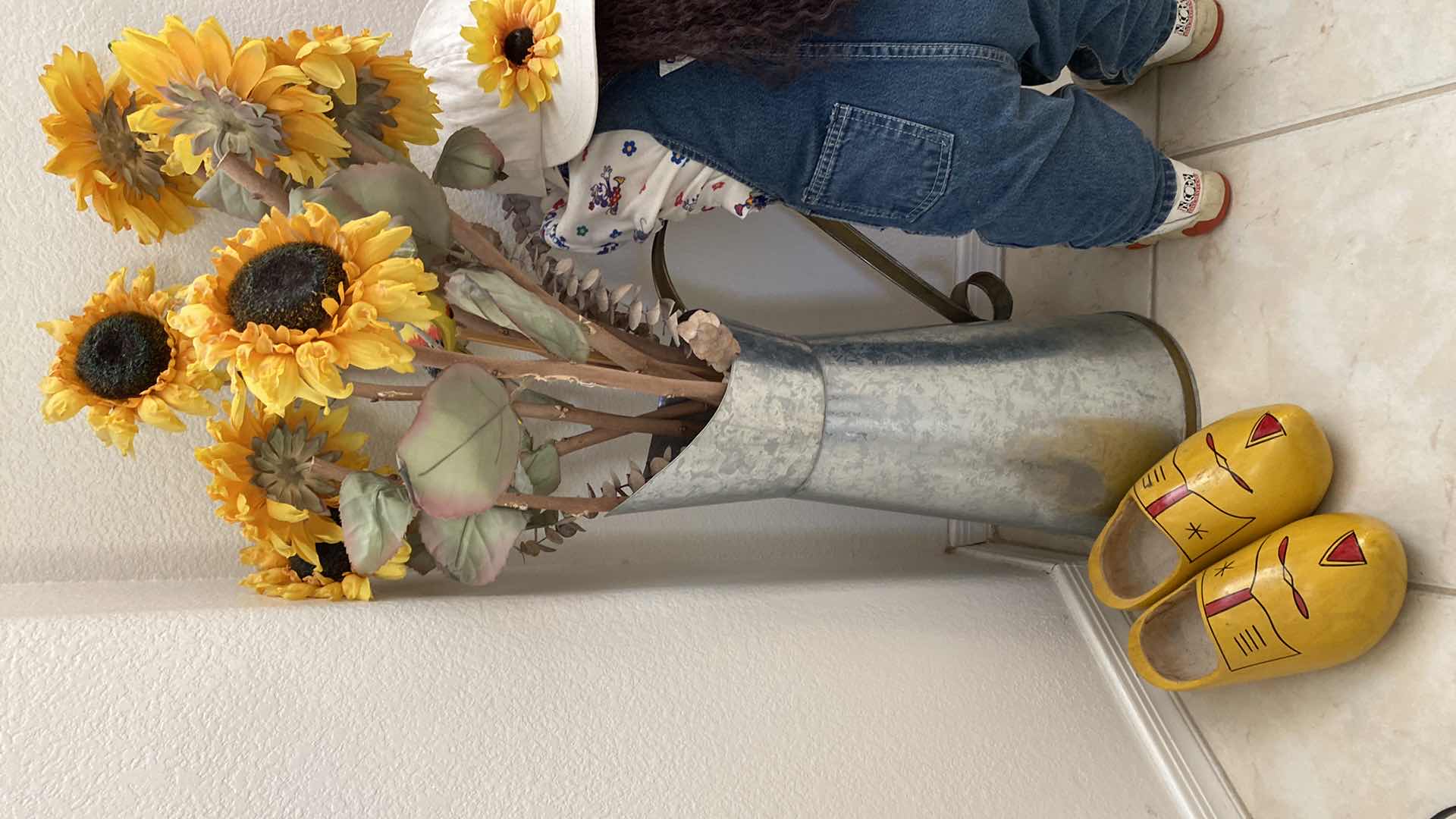 Photo 1 of ALUMINUM FLORAL H OF PITCHER 19”, OSH KOSH FIGURE H 24” AND WOODEN SHOES