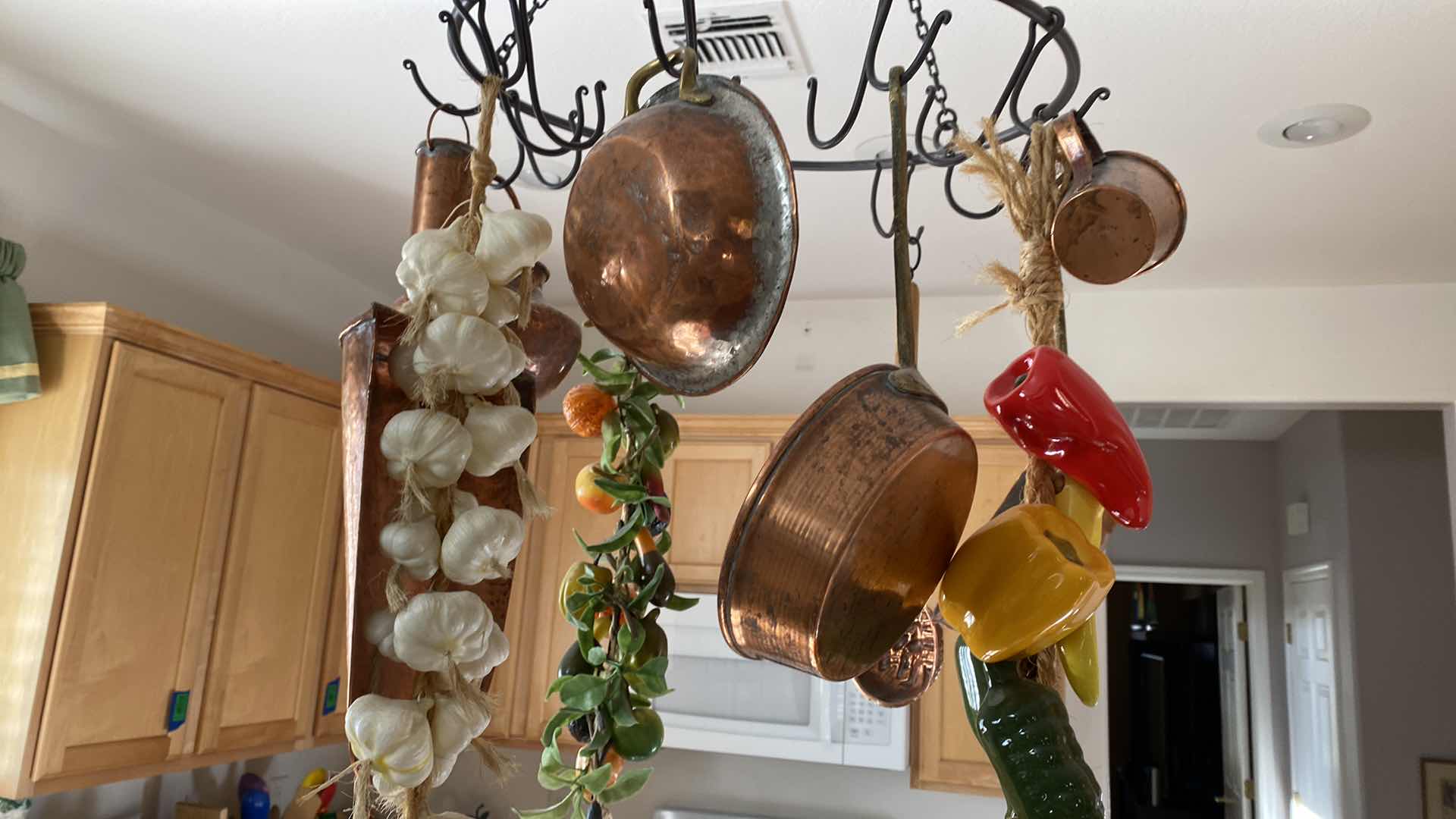 Photo 1 of HANGING POT RACK WITH COPPER POTS AND FAUX FOOD