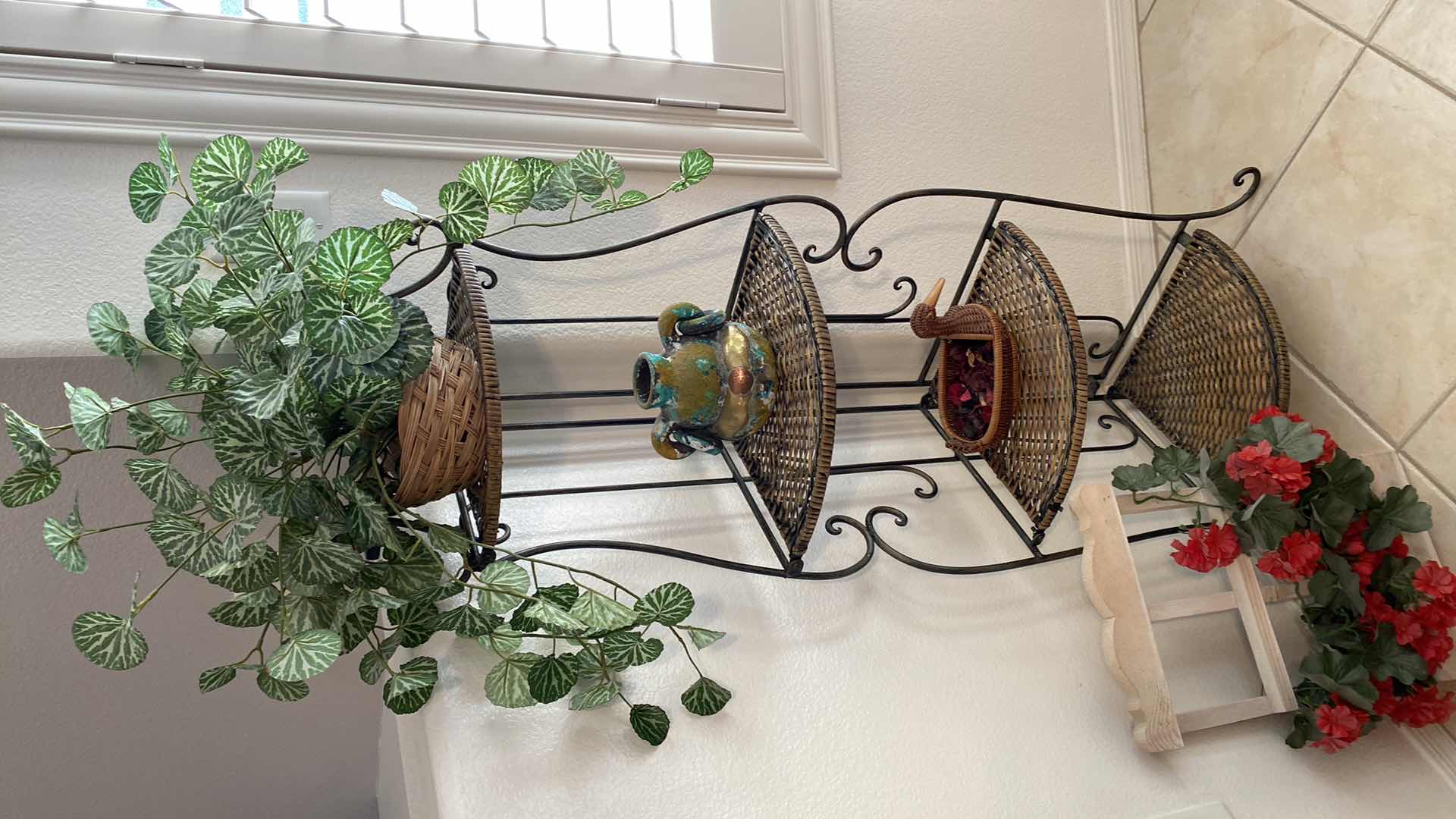 Photo 1 of CORNER METAL WITH WIVEN SHELVES STORAGE STAND 11“ x 11“ H 50” AND HOME DECOR ITEMS