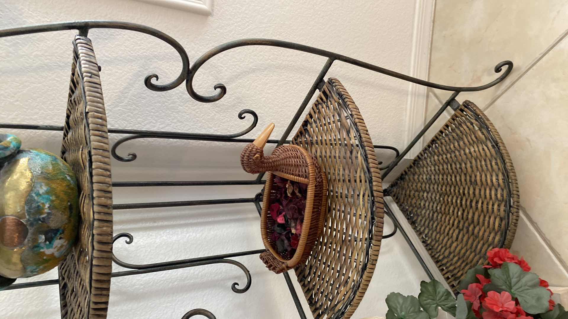 Photo 1 of CORNER METAL WITH WIVEN SHELVES STORAGE STAND 11“ x 11“ H 50” AND HOME DECOR ITEMS