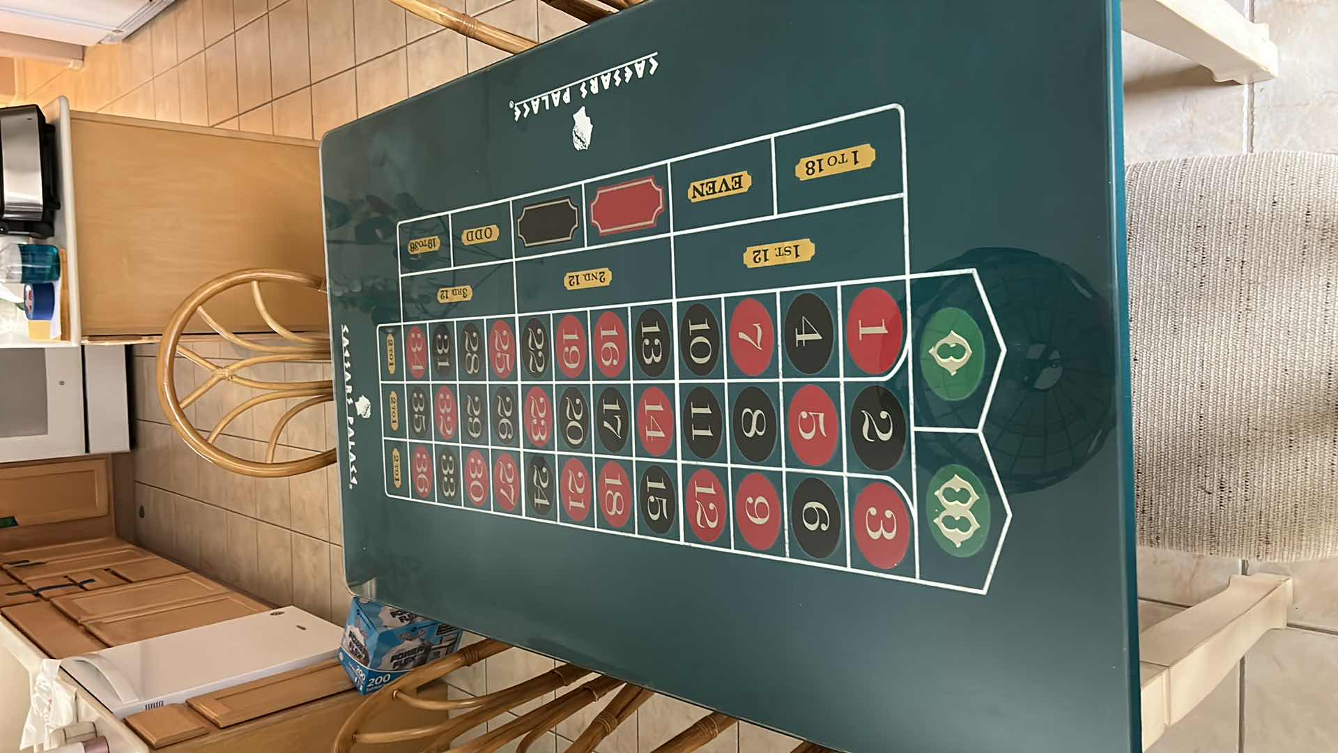 Photo 6 of ONE OF A KIND CUSTOM DINING ROOM TABLE, MADE FROM FELT CAESARS PALACE ROULETTE 59” x 35.5” AND 6 CHAIRS