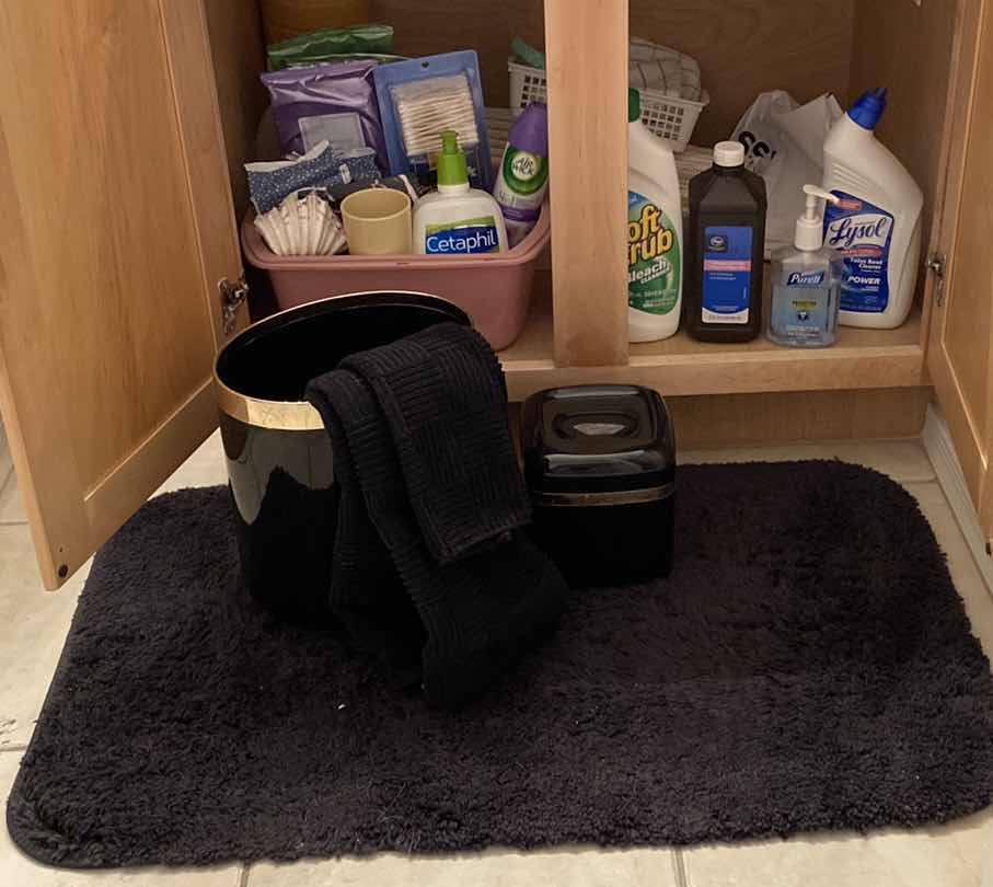Photo 1 of CONTENTS UNDER HALL BATH SINK, RUG HAND TOWELS TRASH CAN