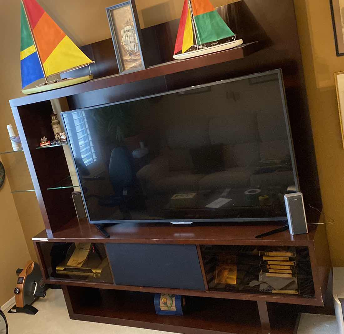 Photo 1 of ENTERTAINMENT CENTER 78“ x 19“ H80” LAMINATE PEELING AND CHIPPED, CONTENTS NOT INCLUDED