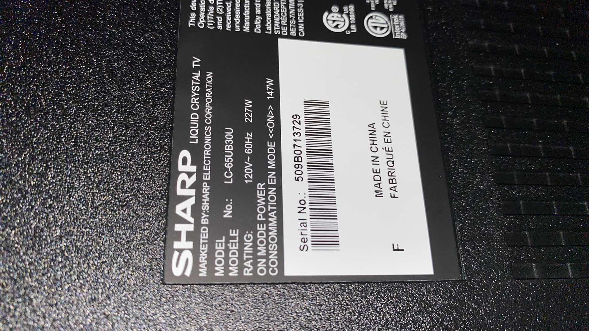 Photo 1 of SHARP AQUOS 65” TELEVISION  WITH REMOTE