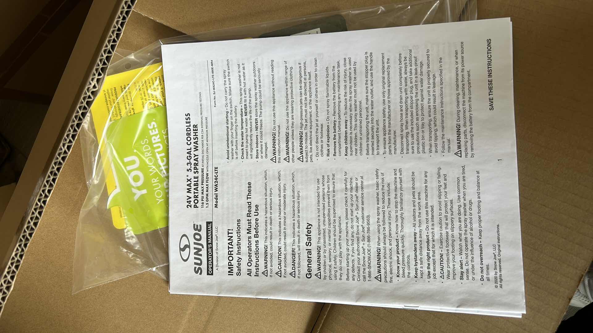 Photo 1 of NEW IN BOX SUNJOE 24V MAX 5.3 GAL CORDLESS PORTABLE SPRAY WASHER