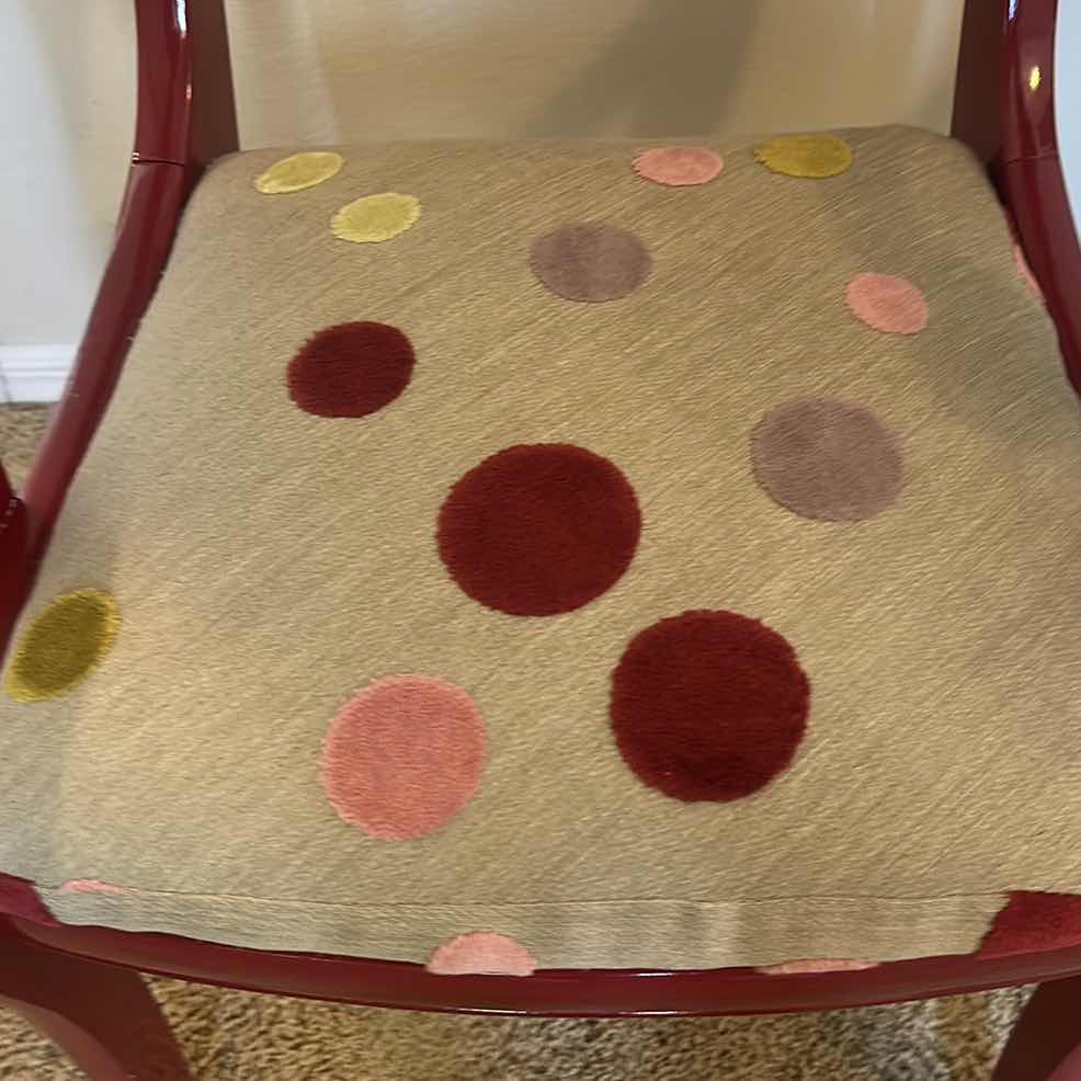 Photo 1 of GLOSSY RED PAINTED WOOD CHAIR WITH POLKA DOT FABRIC 23 1/2“ x 21 1/2“ x 34”