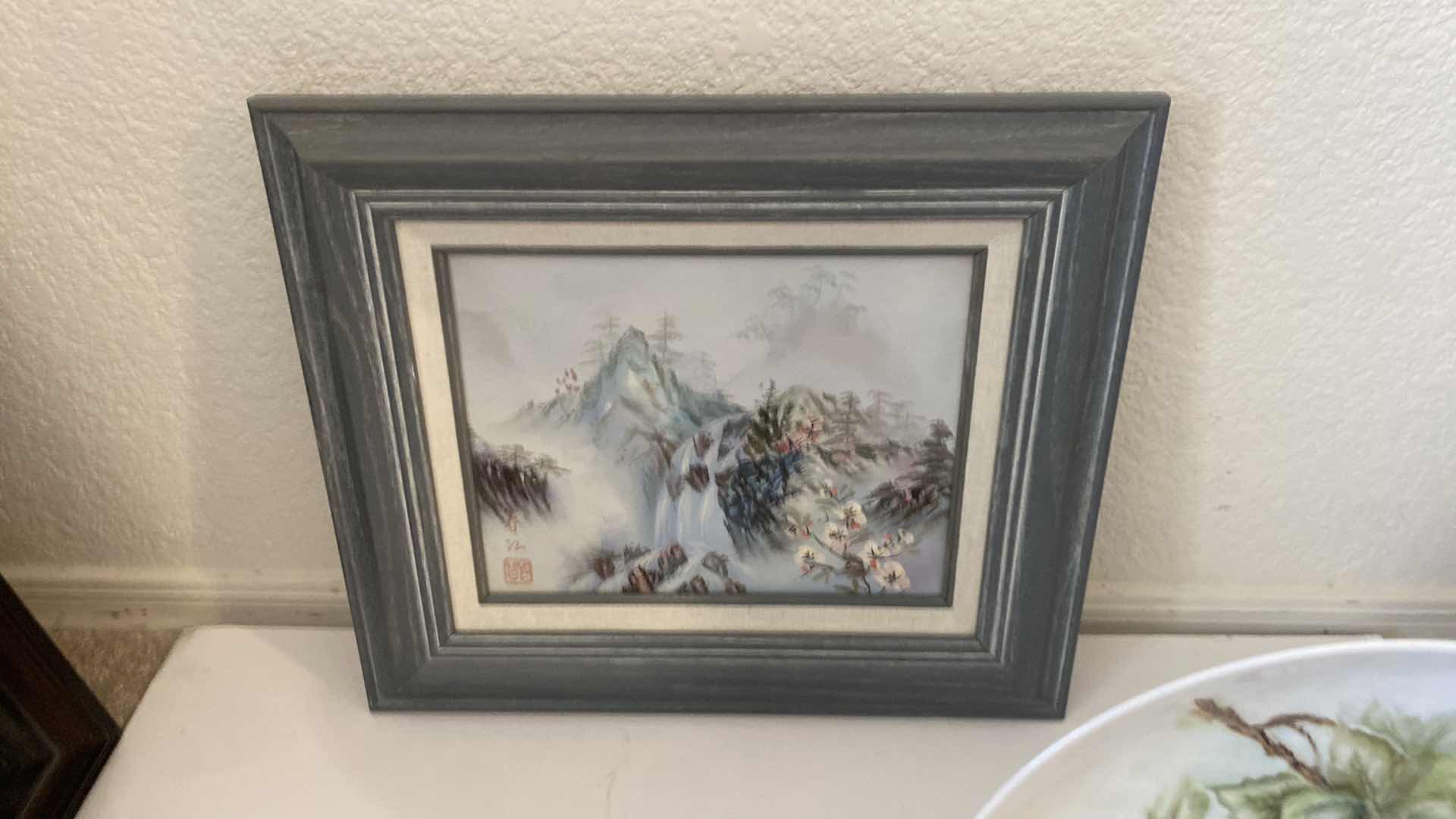 Photo 1 of FRAMED OIL ON CANVAS ARTWORK 15” x 13” , CHINA FLORAL TEAPOT, PEAR PLATE ON STAND