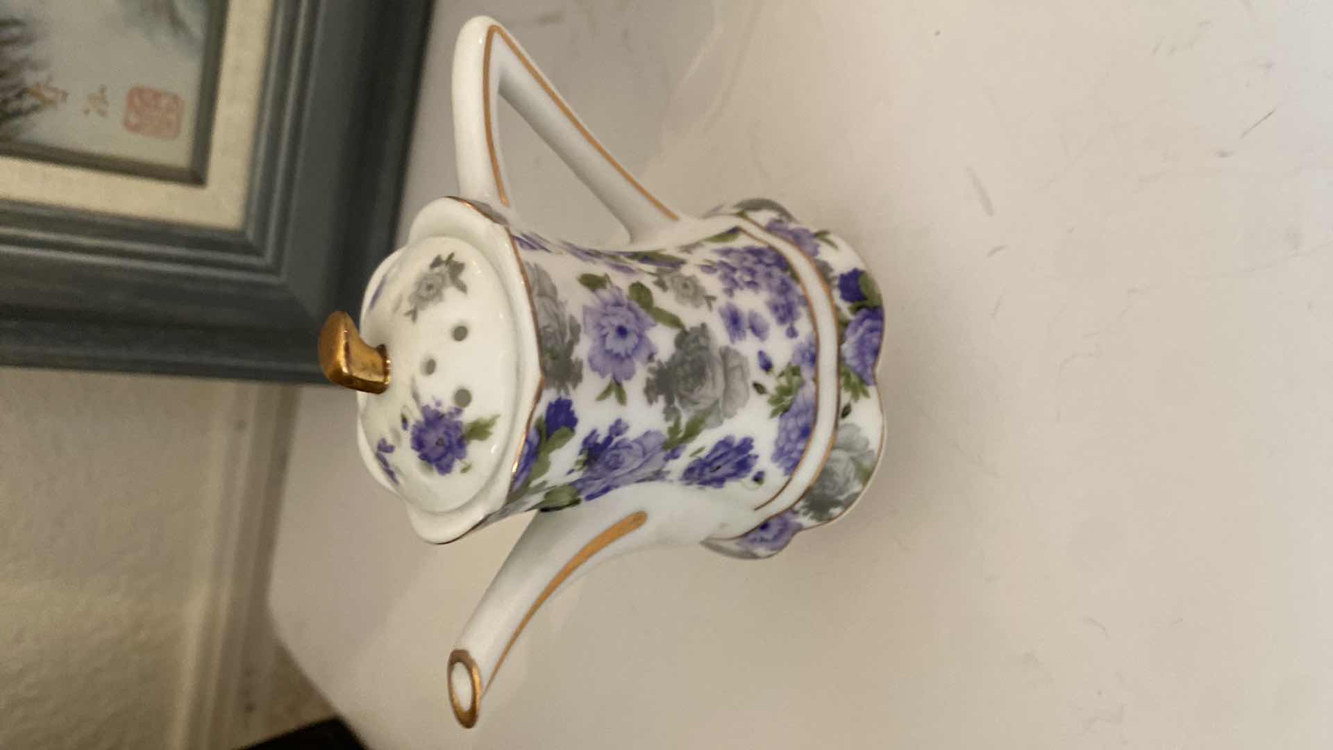 Photo 1 of FRAMED OIL ON CANVAS ARTWORK 15” x 13” , CHINA FLORAL TEAPOT, PEAR PLATE ON STAND