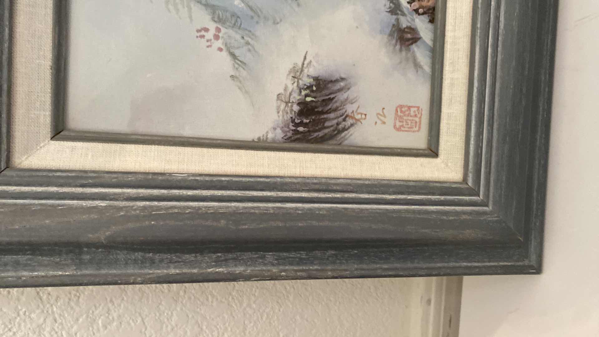 Photo 1 of FRAMED OIL ON CANVAS ARTWORK 15” x 13” , CHINA FLORAL TEAPOT, PEAR PLATE ON STAND