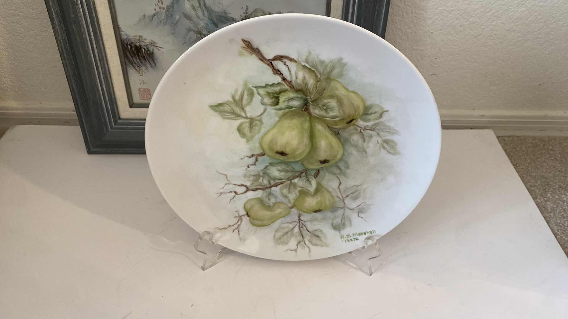 Photo 1 of FRAMED OIL ON CANVAS ARTWORK 15” x 13” , CHINA FLORAL TEAPOT, PEAR PLATE ON STAND