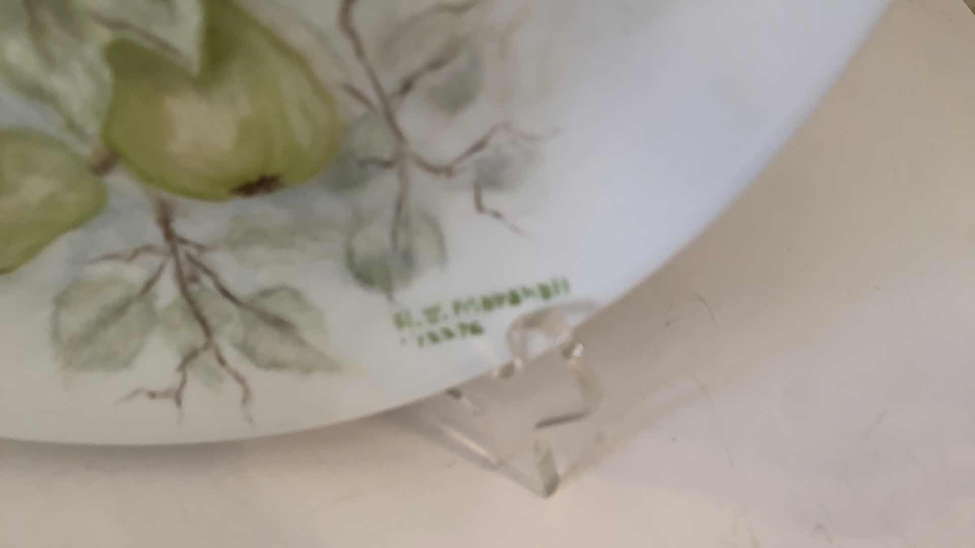 Photo 1 of FRAMED OIL ON CANVAS ARTWORK 15” x 13” , CHINA FLORAL TEAPOT, PEAR PLATE ON STAND