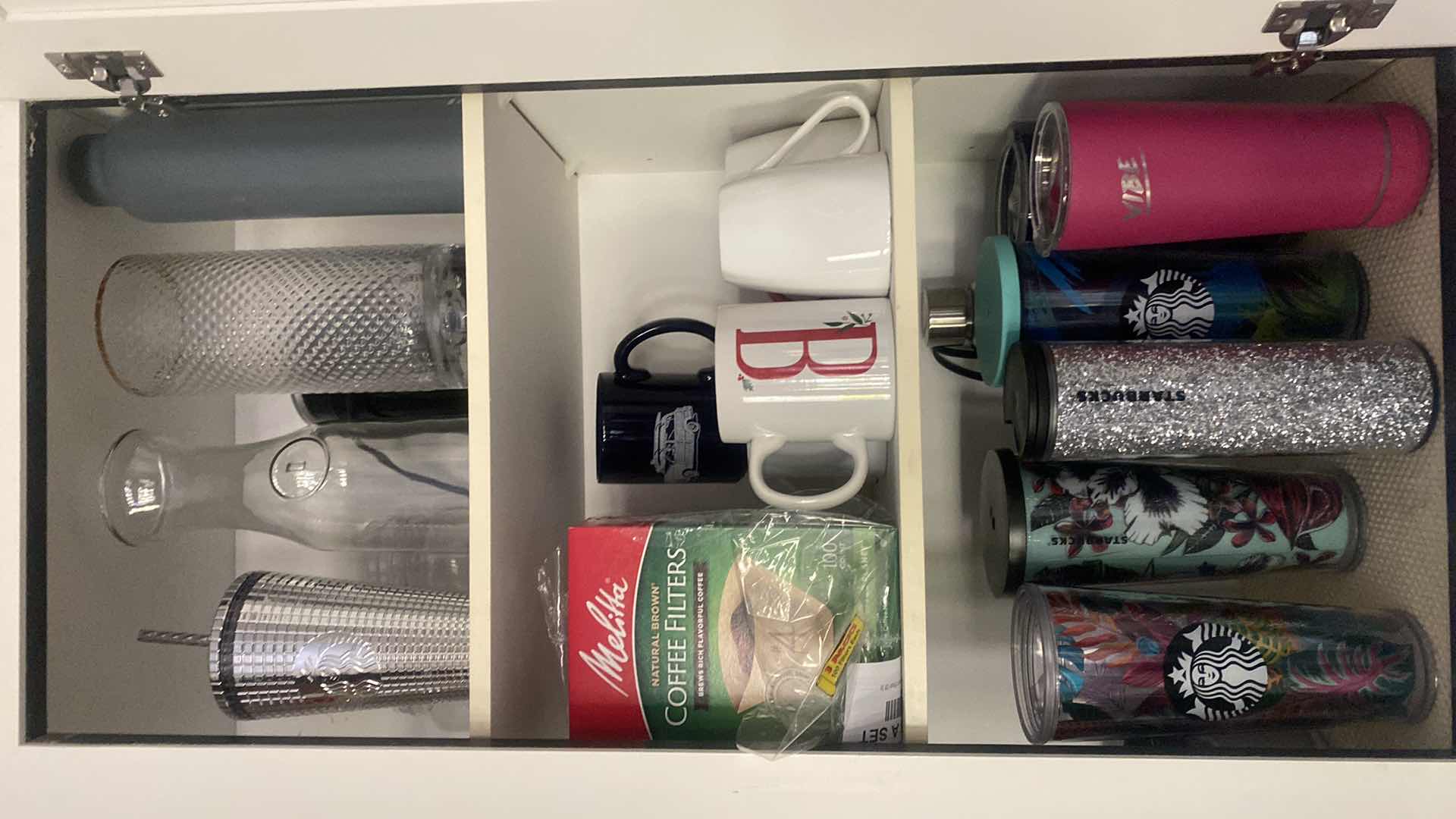 Photo 1 of CONTENTS OF KITCHEN CABINET - STARBUCKS CUPS COFFEE CUPS SPICES