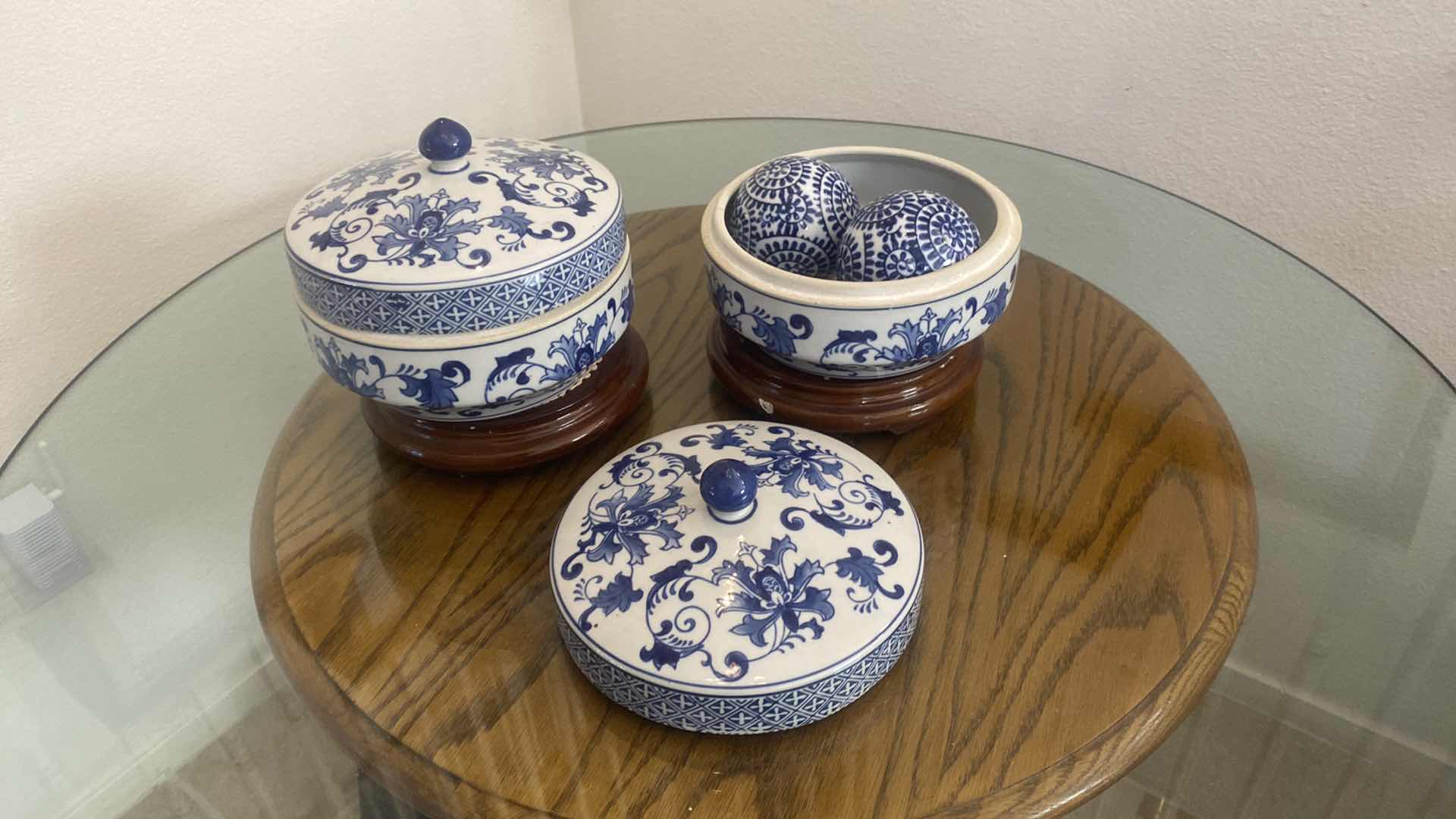 Photo 1 of PAIR OF CERAMIC COVERED ASIAN INSPIRED BOWLS & BALLS 7 1/2“ x 8“ INCLUDING STANDS