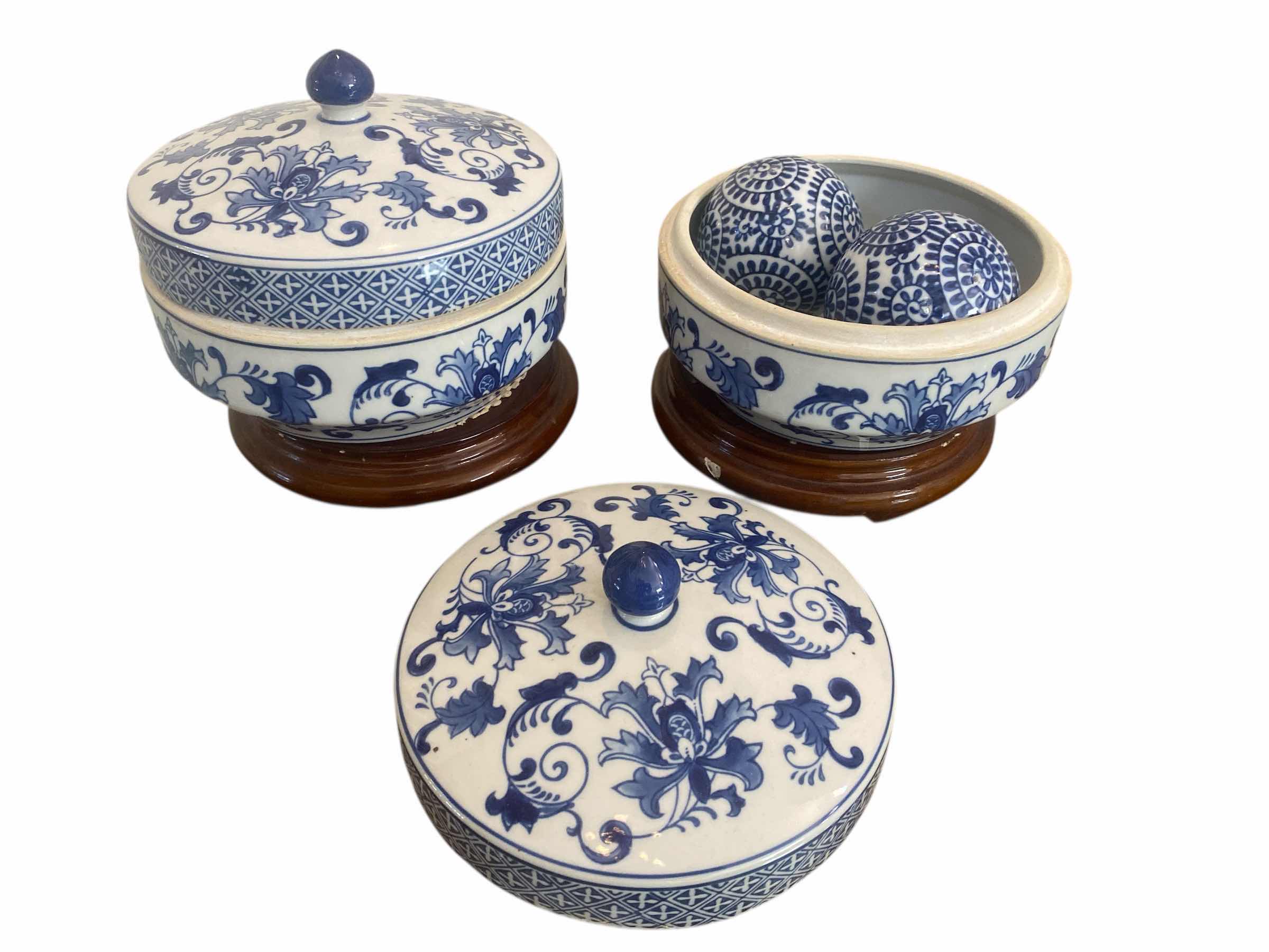 Photo 1 of PAIR OF CERAMIC COVERED ASIAN INSPIRED BOWLS & BALLS 7 1/2“ x 8“ INCLUDING STANDS