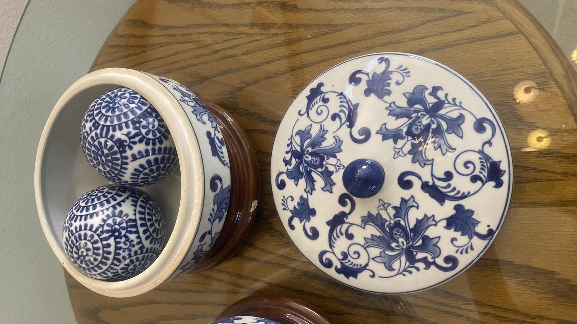 Photo 1 of PAIR OF CERAMIC COVERED ASIAN INSPIRED BOWLS & BALLS 7 1/2“ x 8“ INCLUDING STANDS