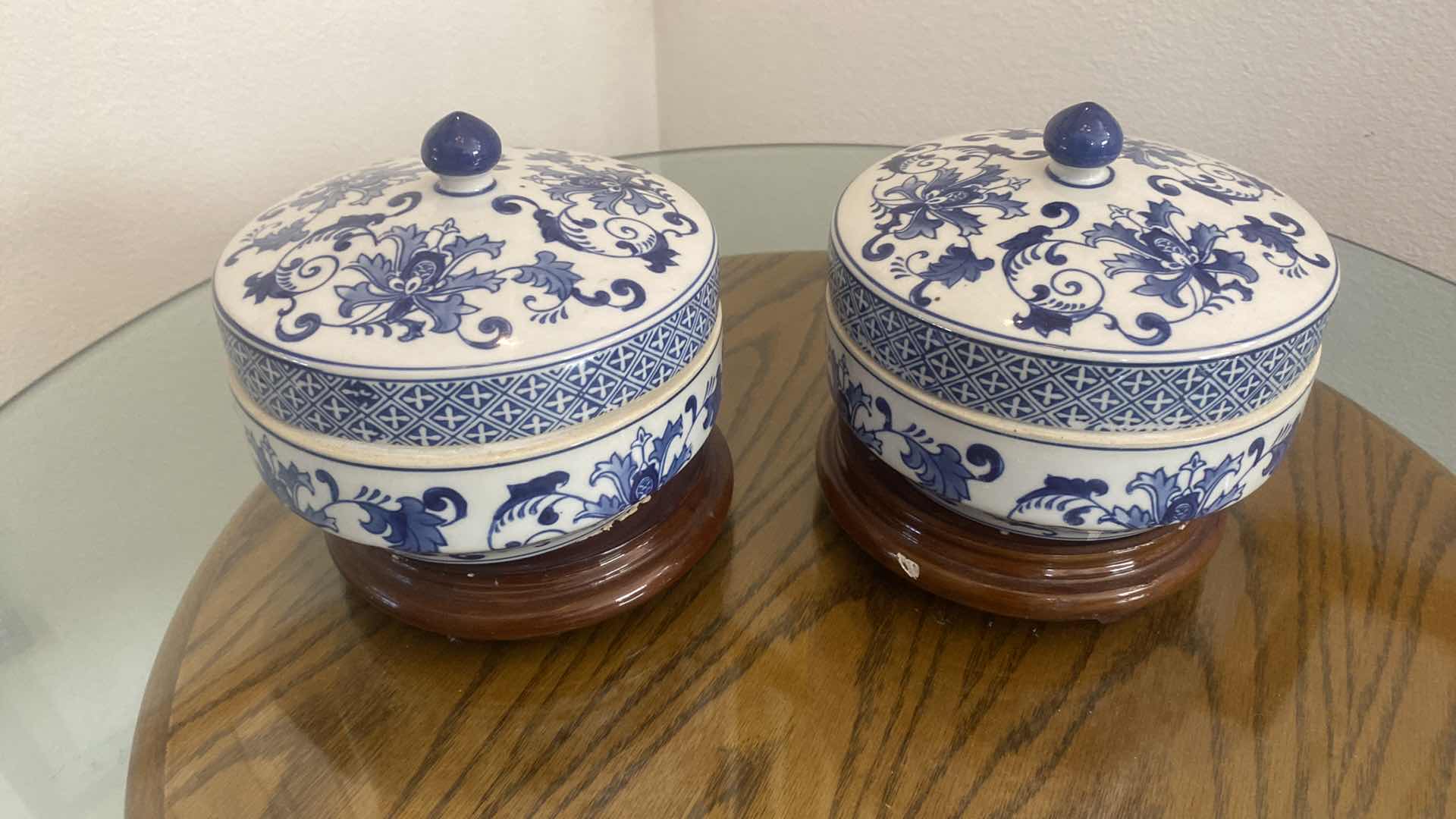 Photo 1 of PAIR OF CERAMIC COVERED ASIAN INSPIRED BOWLS & BALLS 7 1/2“ x 8“ INCLUDING STANDS
