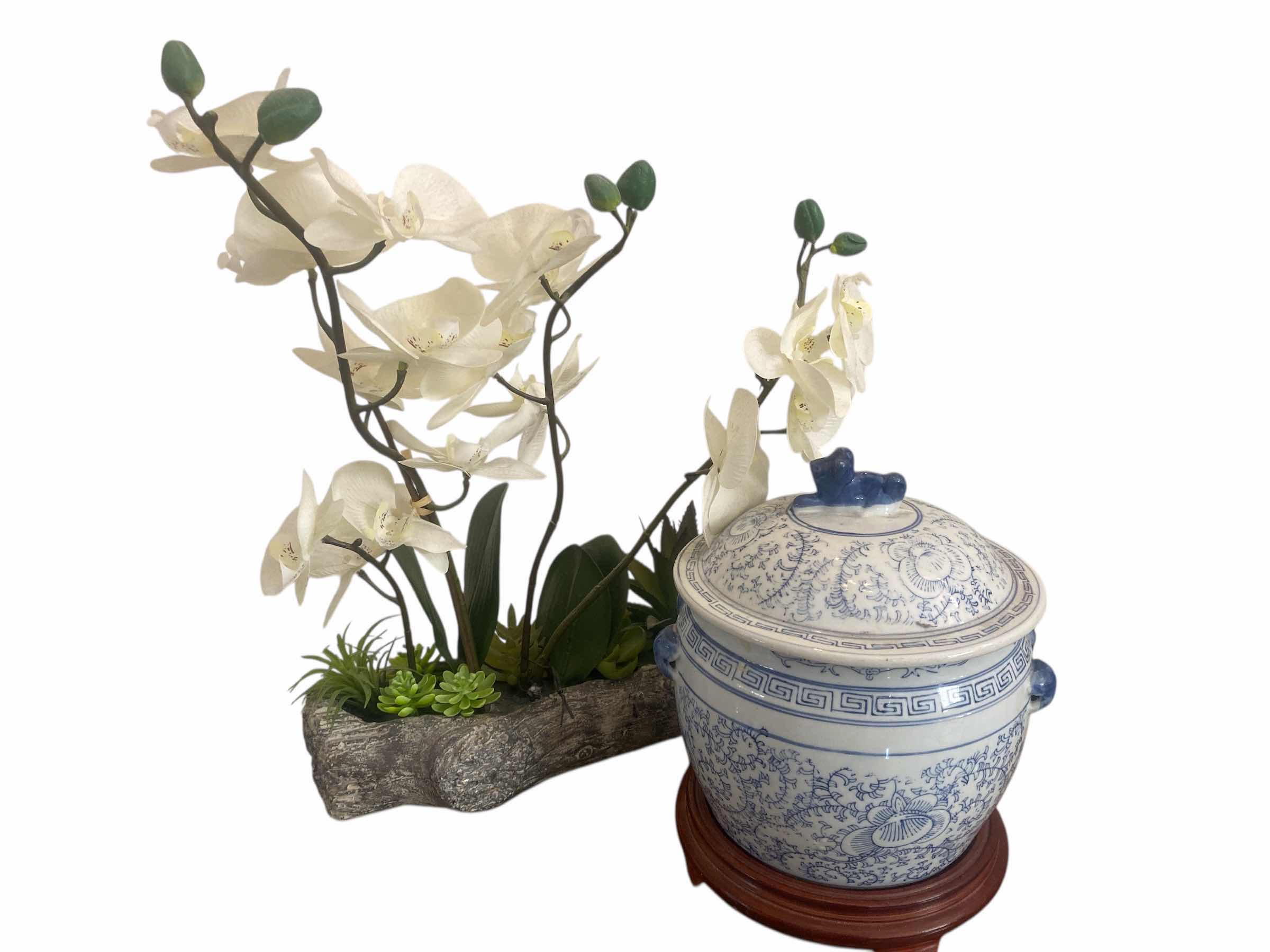 Photo 1 of FAUX ORCHID H17” & CERAMIC COVERED FOO DOG RICE GINGER JAR WITH STAND 8” x 8”