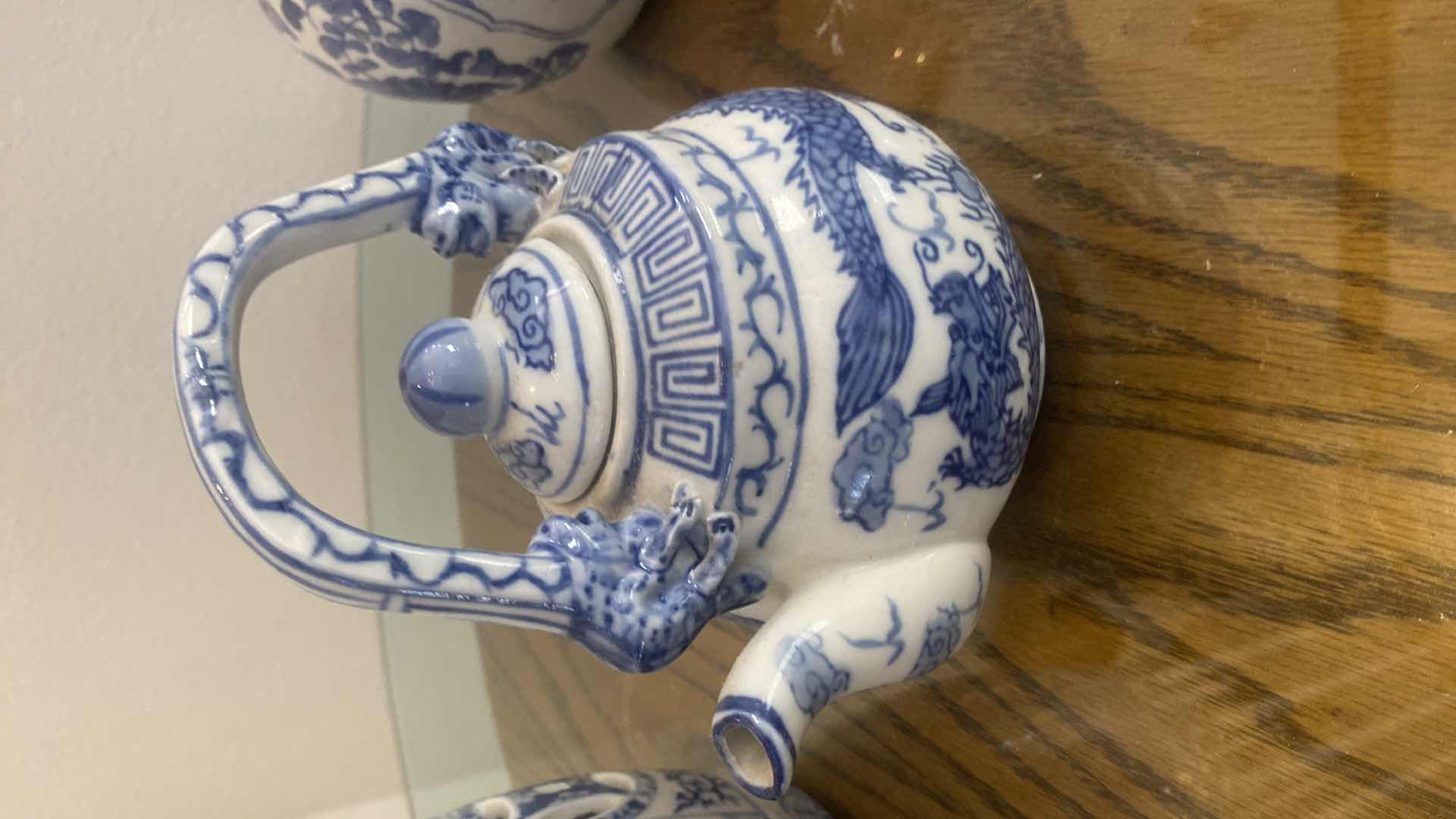 Photo 1 of 3 WHITE & BLUE CERAMIC CHINESE GINGER JAR TEAPOT & STOOL H6”
