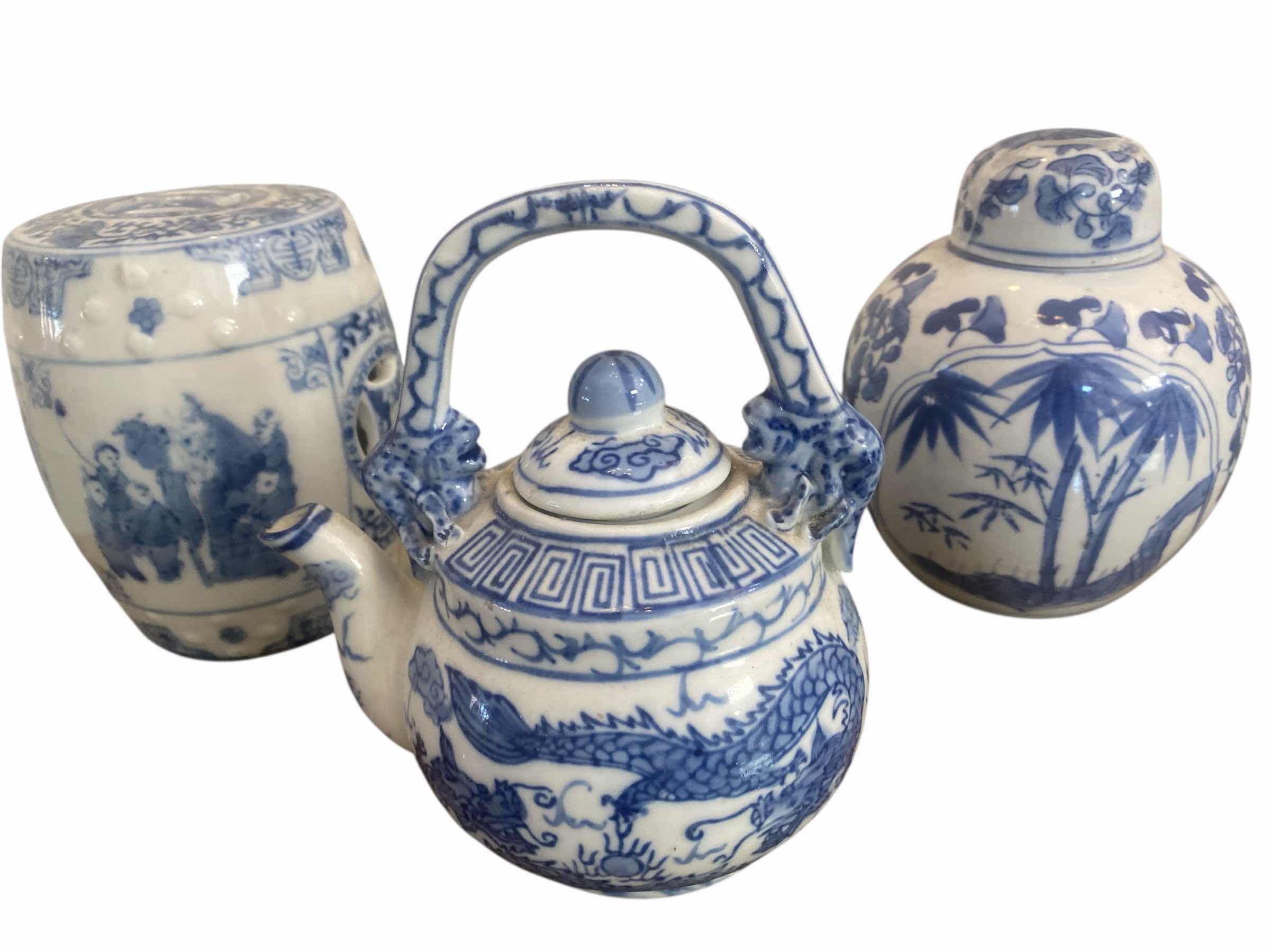 Photo 1 of 3 WHITE & BLUE CERAMIC CHINESE GINGER JAR TEAPOT & STOOL H6”