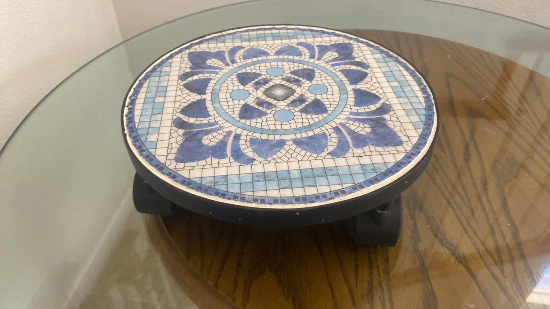 Photo 2 of BLUE & WHITE TILED ROLLING PLANT STAND 12”