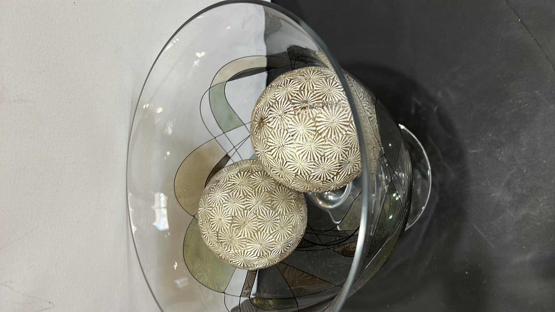 Photo 1 of DECORATIVE PEDESTAL GLASS BOWL H 9” WITH 4” BALLS