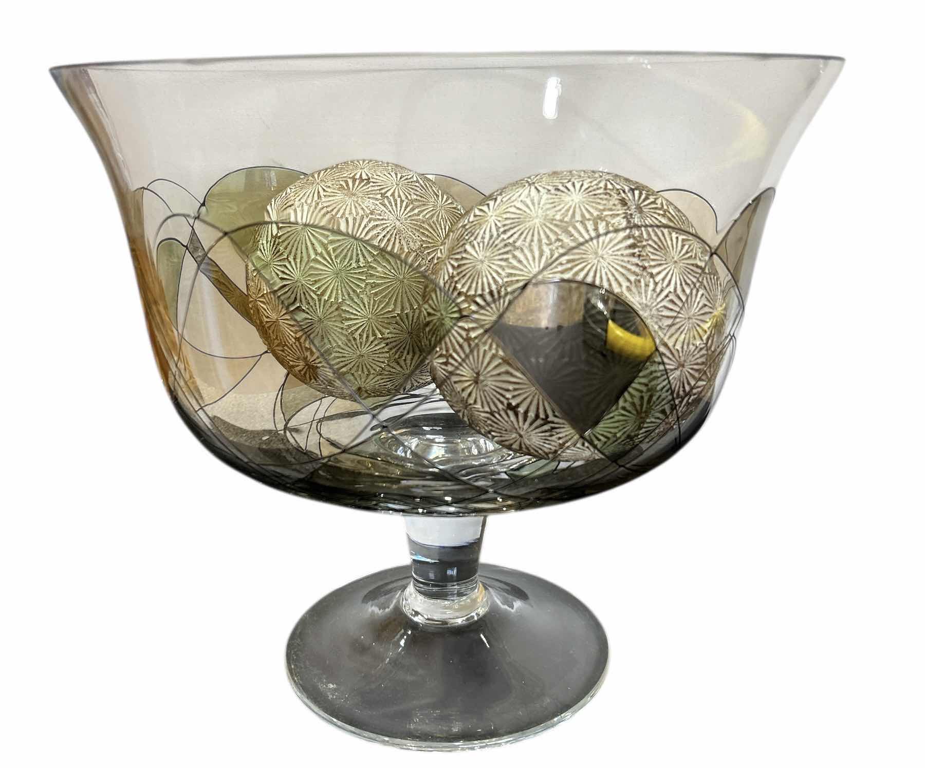 Photo 1 of DECORATIVE PEDESTAL GLASS BOWL H 9” WITH 4” BALLS