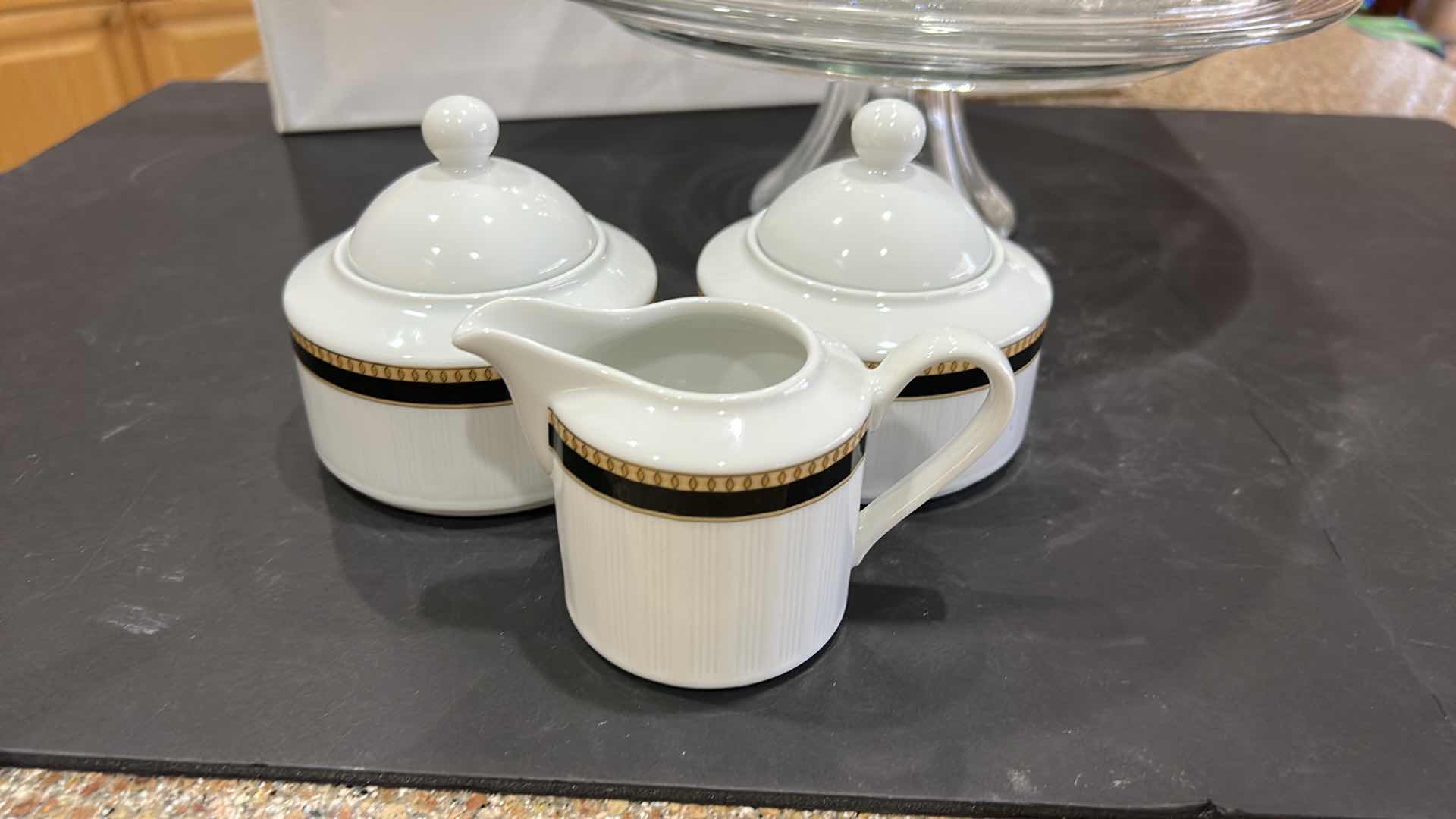 Photo 1 of CAKE STAND AND COVER, CREAM AND SUGAR