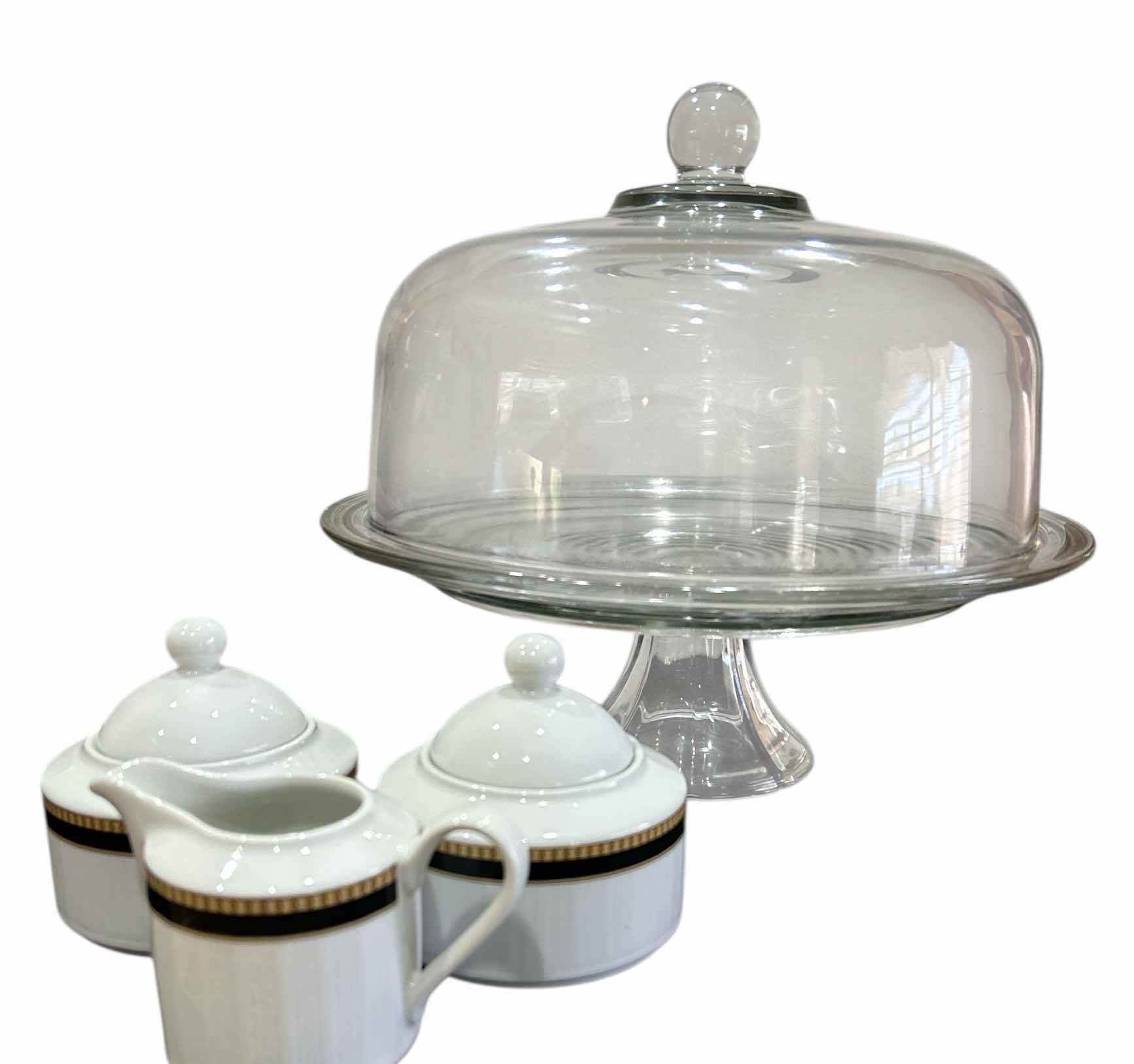 Photo 1 of CAKE STAND AND COVER, CREAM AND SUGAR