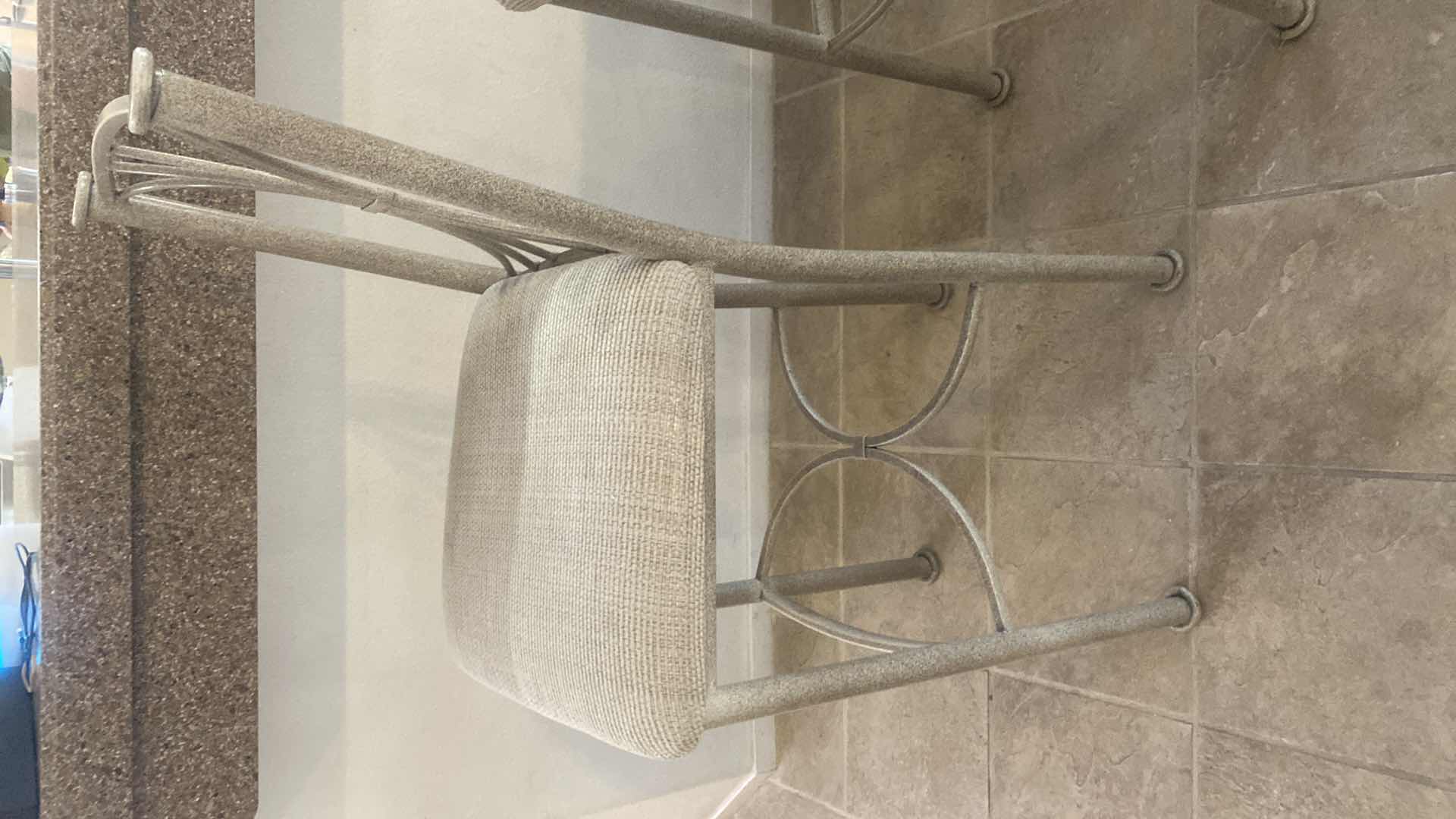 Photo 1 of PAIR OF ALUMINUM BAR STOOLS WITH FABRIC SEATS, SEAT HEIGHT 30”