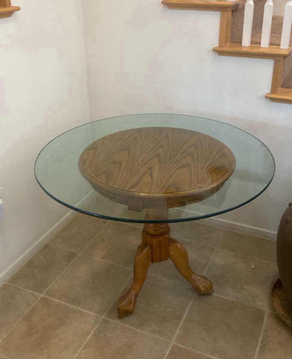 Photo 1 of 36” ROUND OAK PEDESTAL TABLE WITH GLASS TOP H26”