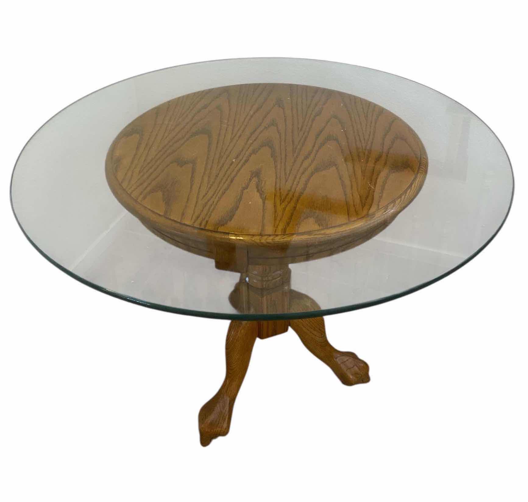 Photo 1 of 36” ROUND OAK PEDESTAL TABLE WITH GLASS TOP H26”