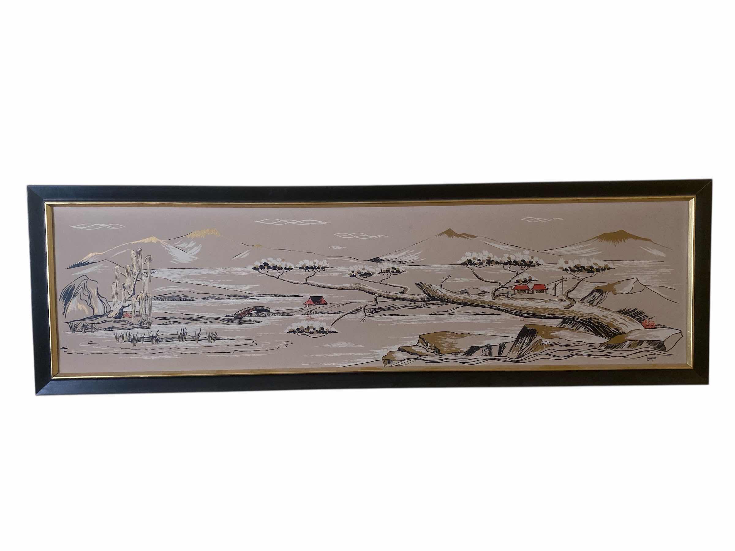 Photo 1 of BLACK FRAMED ASIAN SCENE PAINTING ON PAPER SIGNED ARTWORK 63” x 19 1/2”