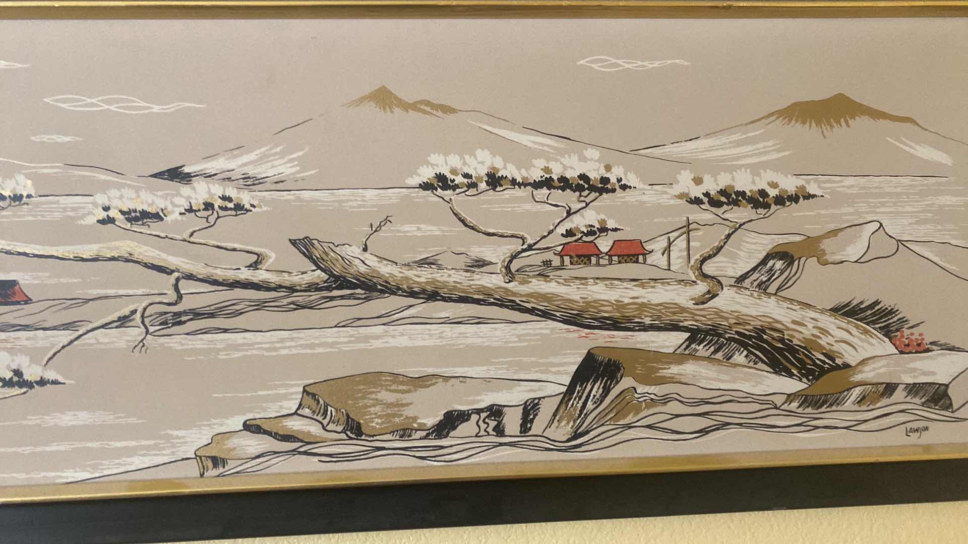 Photo 4 of BLACK FRAMED ASIAN SCENE PAINTING ON PAPER SIGNED ARTWORK 63” x 19 1/2”