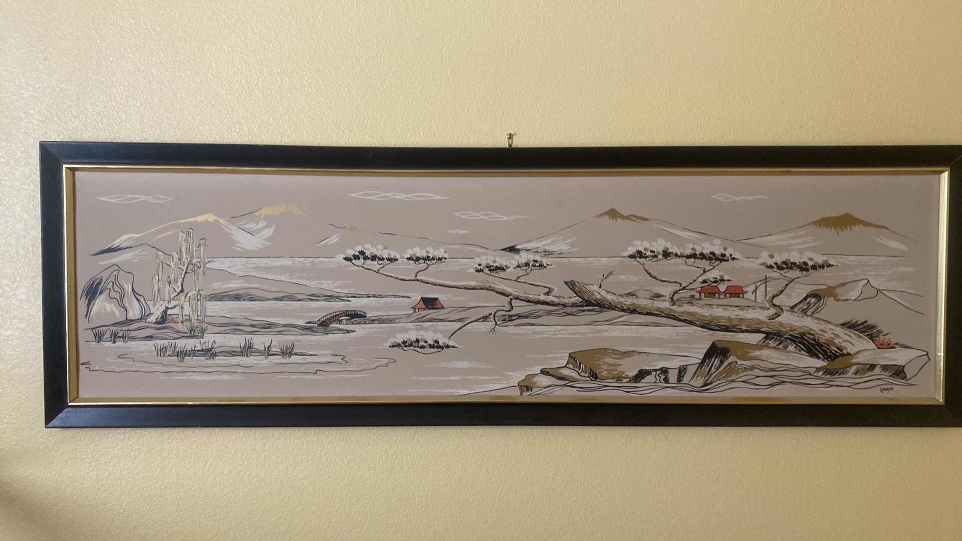 Photo 1 of BLACK FRAMED ASIAN SCENE PAINTING ON PAPER SIGNED ARTWORK 63” x 19 1/2”