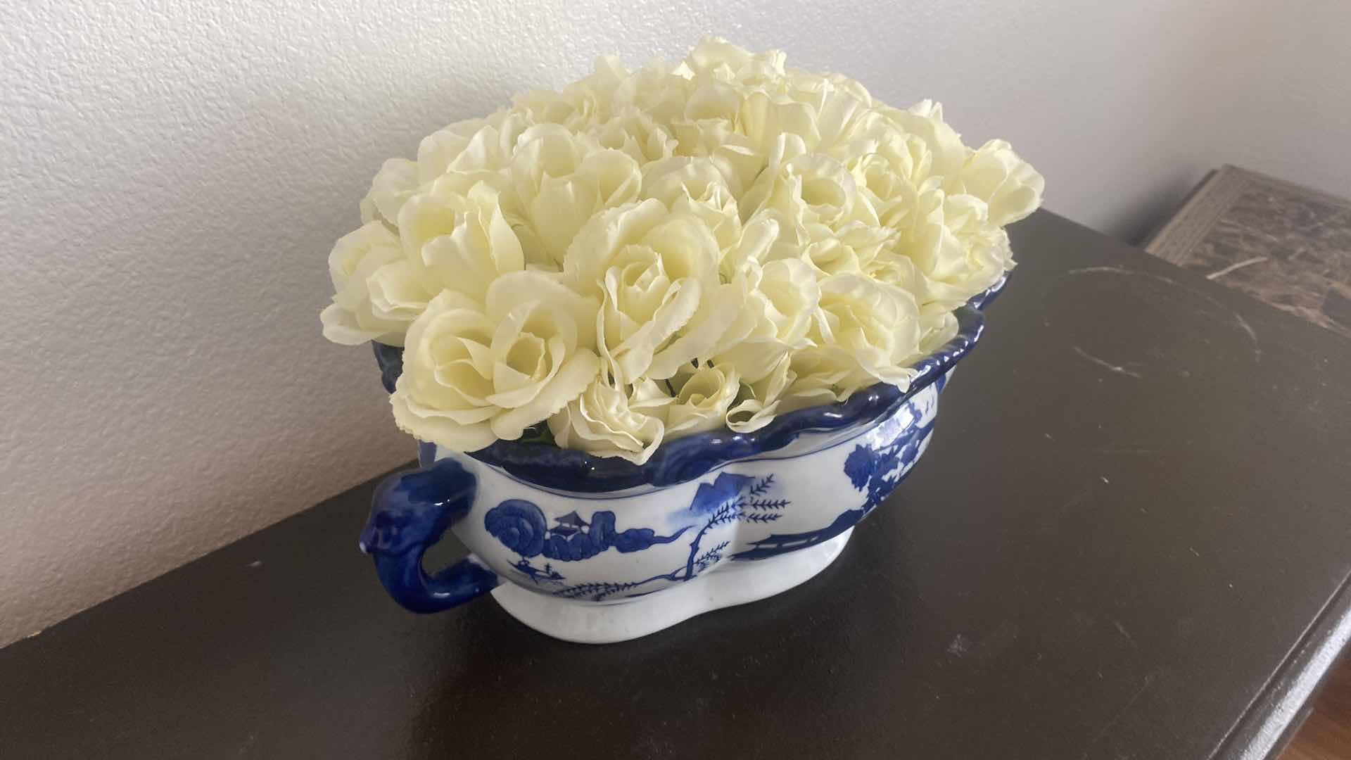 Photo 1 of FAUX ROSES IN CERAMIC BLUE & WHITE BOMBAY BOWL 16” x 6”