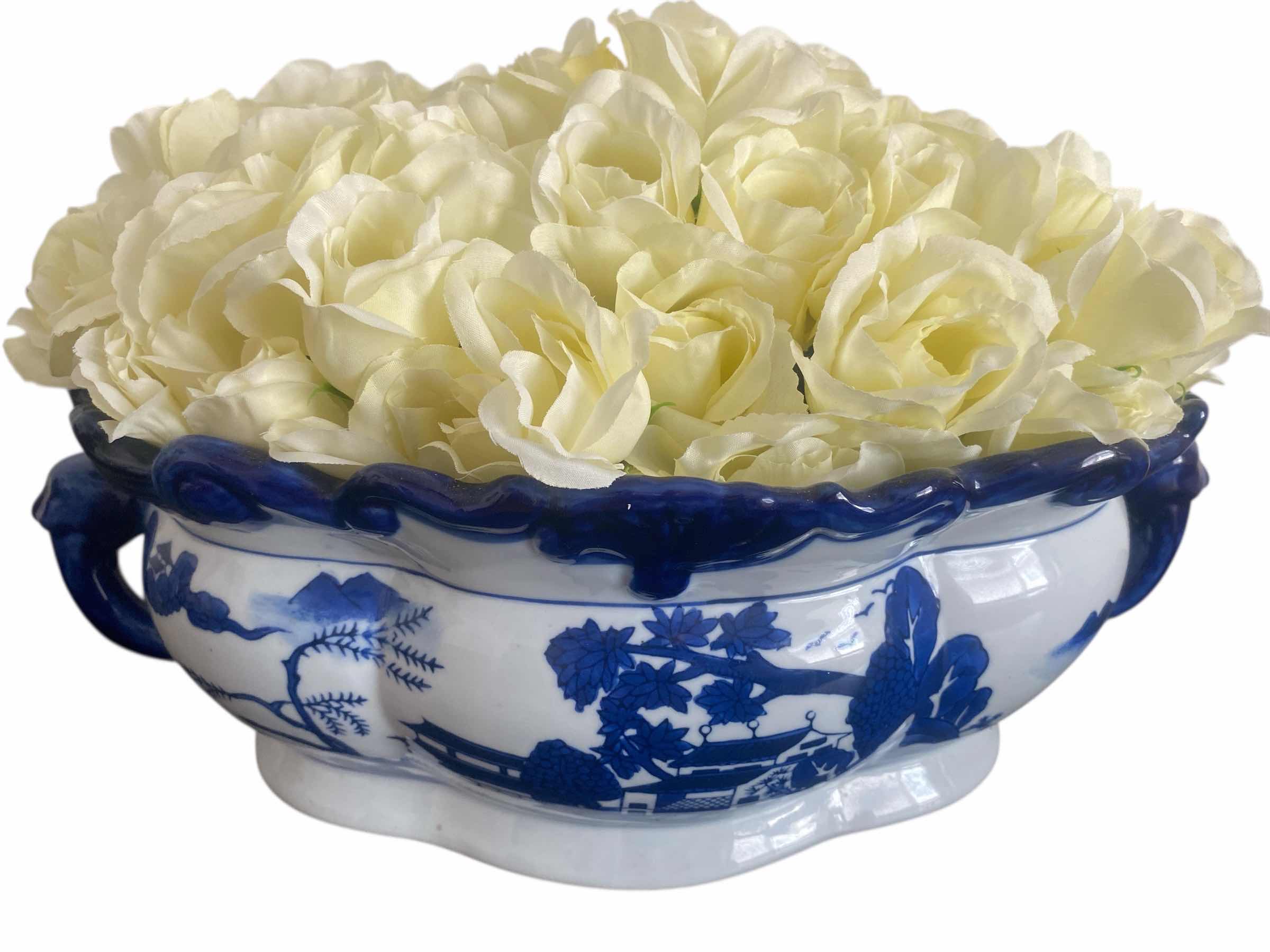 Photo 1 of FAUX ROSES IN CERAMIC BLUE & WHITE BOMBAY BOWL 16” x 6”